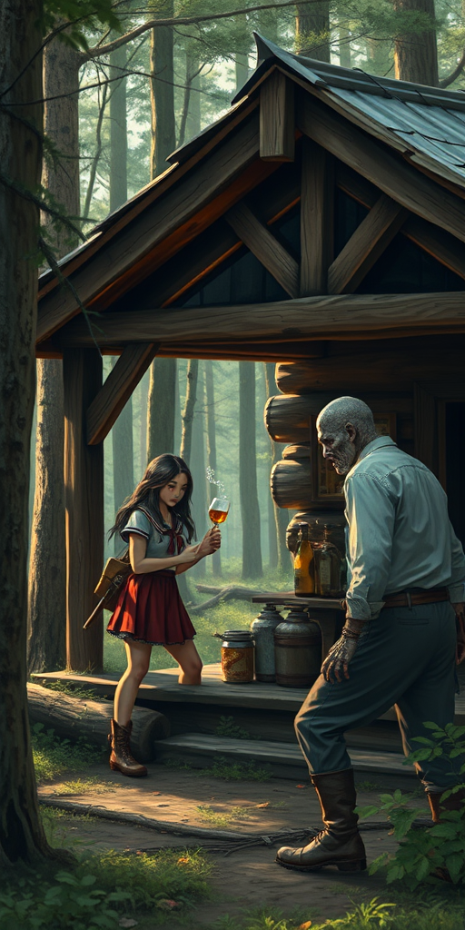 In the forest, there is a wooden cabin where a female barbarian wearing a Japanese school uniform skirt is selling alcohol, and a dressed zombie comes to buy some.