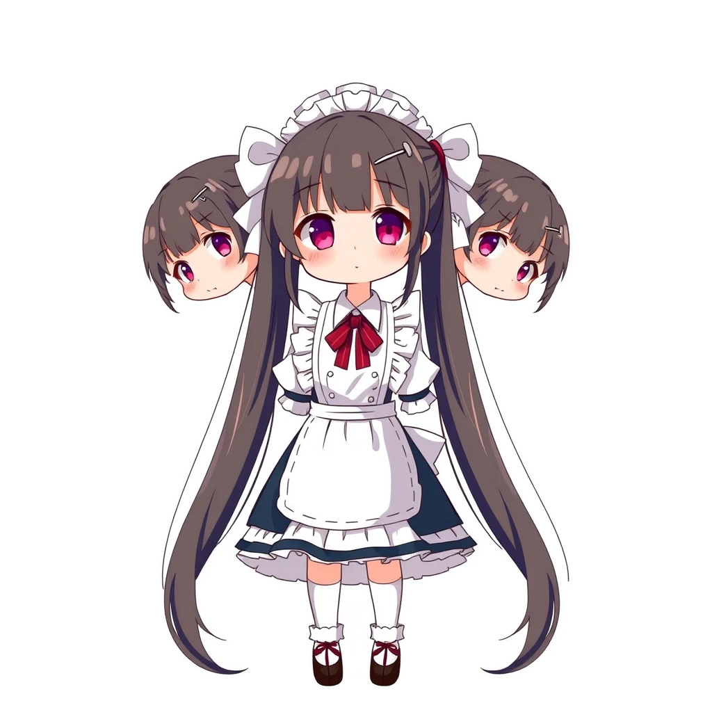 Character design illustration, girl with twin tails, maid outfit, white background, full body, standing, seven heads tall, Japanese illustration style. - Image