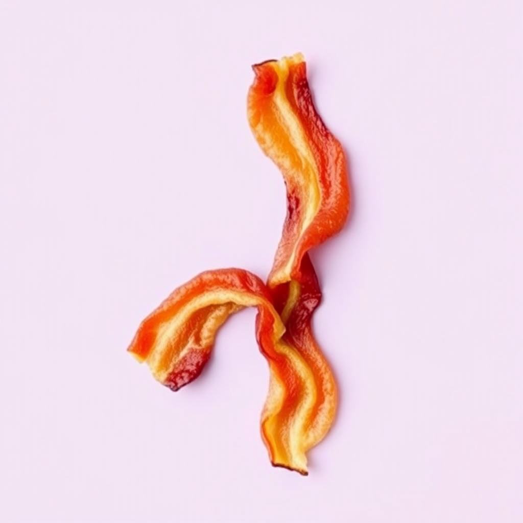 A letter "F" made of fried bacon in a light purple background, realistic photograph.