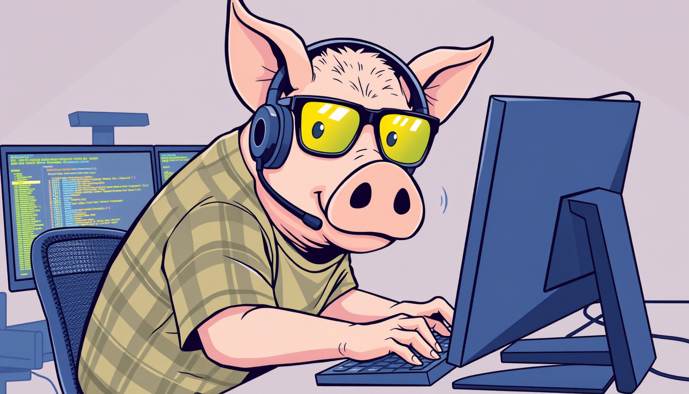 A tech-savvy pig coder, wearing yellow-tinted glasses and sleek noise-cancelling headphones, hunches over a cutting-edge multi-monitor setup. The anthropomorphic pig exudes focus, typing furiously while wearing a plaid t-shirt.