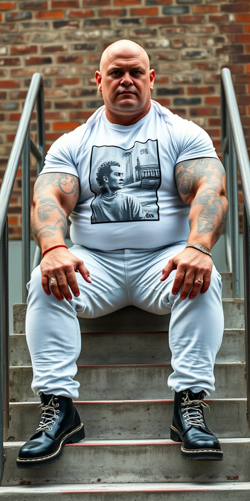 Prompt: a portrait-style photograph featuring an extremely huge 50-year-old muscular, beefy, handsome male skinhead bodybuilder sitting on a set of concrete stairs. He has a bald head, light skin, and is wearing a white t-shirt with a black and white graphic print of a person on it. His enormous muscular arms are heavily tattooed with intricate designs. He is also wearing tight bleached denim trousers that highlight their huge, muscular legs and black knee-high Dr. Martens boots with white laces. The background consists of a brick wall and metal handrails on either side of the stairs. The overall setting appears to be industrial. - Image