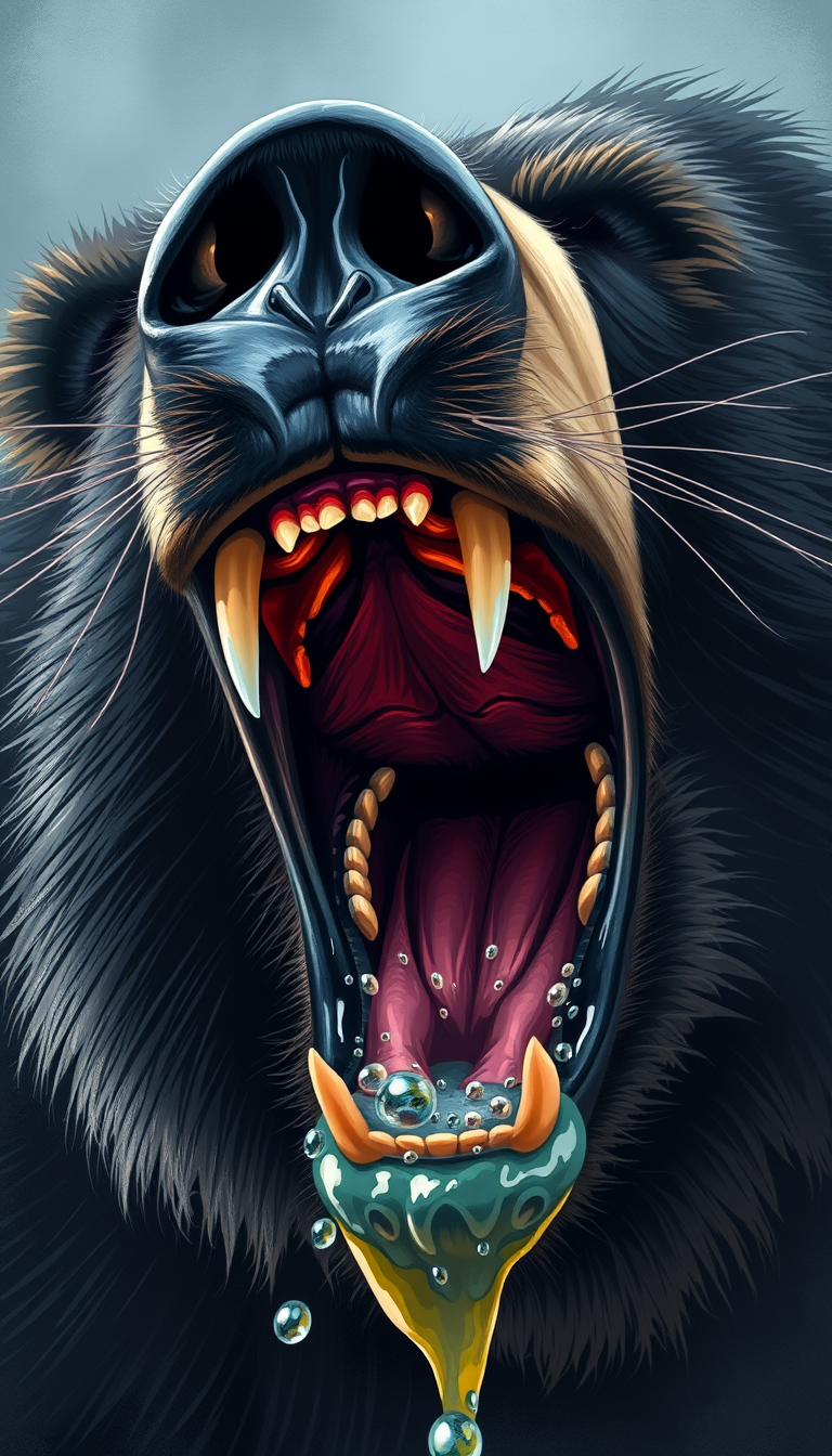 Furry art style, depicting the details of a black bear's mouth while hunting: details of the throat, it should be bright around the throat, details of the teeth, details of saliva, the whole mouth is involved.