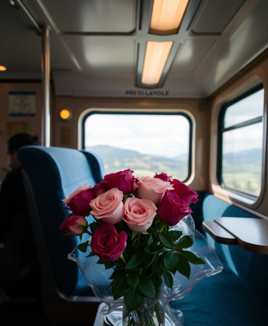 a train compartment, A bouquet of roses, perfect composition, beautiful view - Image