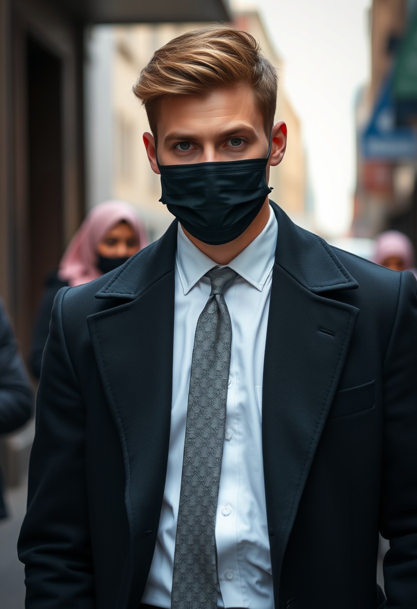 Jamie Dornan's head and body shot, handsome, young, black face mask, white shirt half buttoned, grey patterned tie, black coat suit, dating love with the biggest soft pink hijab girl, beautiful eyes, black face mask, biggest floral juba, hyper-realistic, street photography.