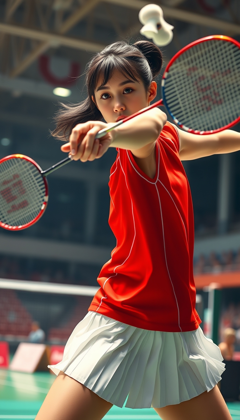 A detailed, realistic portrait of a young woman playing badminton in an indoor sports arena. The woman is wearing a bright red jersey and is mid-swing, her body in a dynamic, athletic pose as she focuses intently on the shuttlecock. The background is blurred, with glimpses of the court, net, and spectator stands visible. The lighting is natural and directional, creating shadows and highlights that accentuate the woman's features and muscular definition. The overall composition conveys a sense of energy, movement, and the intensity of the game. The image is highly detailed, with a photorealistic quality that captures the textures of the woman's clothing, skin, and the badminton equipment.

A woman with a beautiful face like a Japanese idol, she is wearing a white pleated skirt.

Badminton rackets and shuttlecocks with dynamic swings and motion blur. Depiction of the human body with a flawless personality. - Image