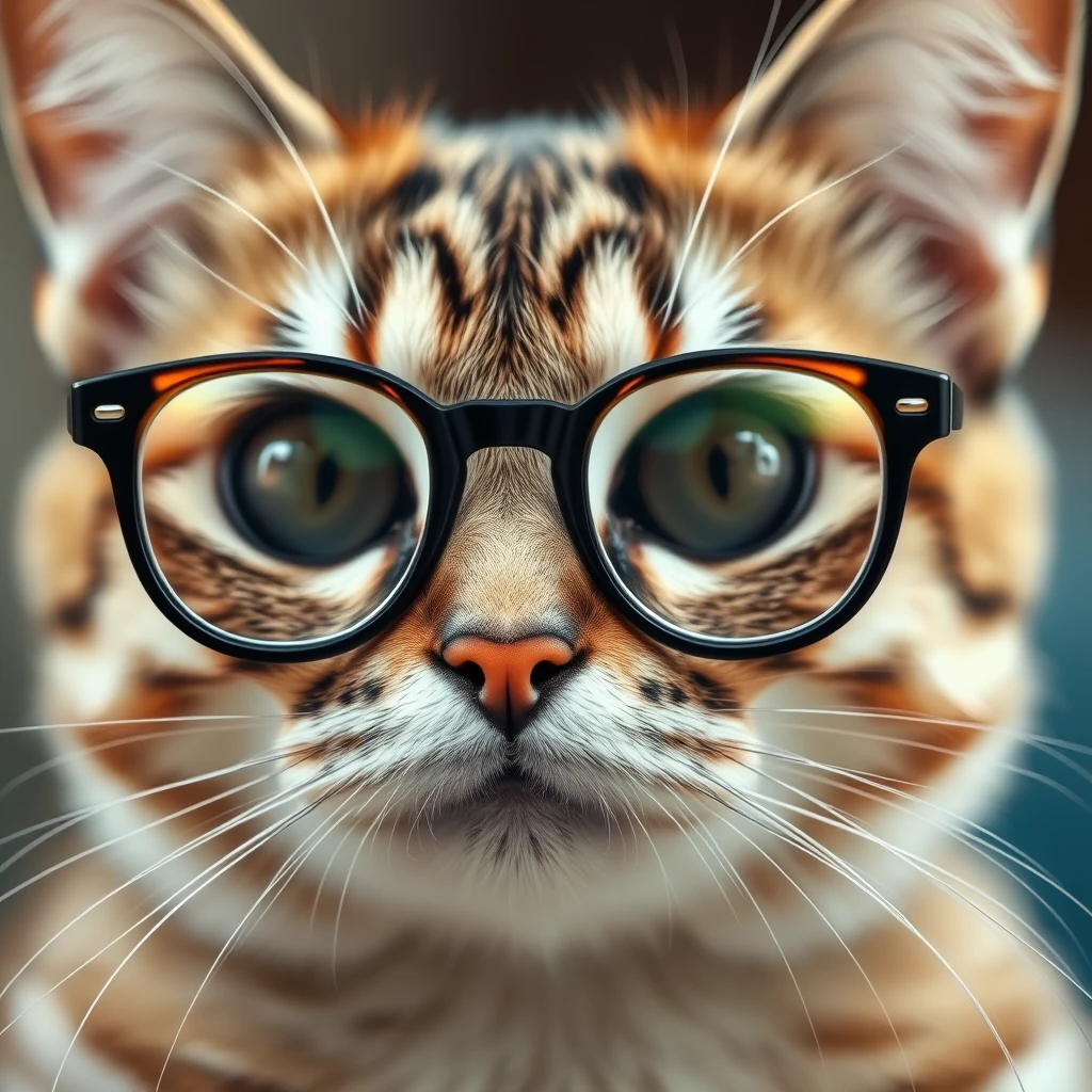 Close-up of an erudite feline wearing tiny spectacles, eyebrows slightly raised in a thoughtful expression, photorealistic fur with extreme detail, soft natural lighting. - Image