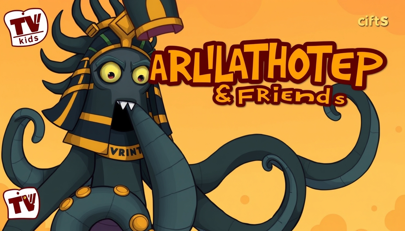 Poster for a TV show for kids called "Nyarlathotep & Friends" about an Egyptian god with tentacles.