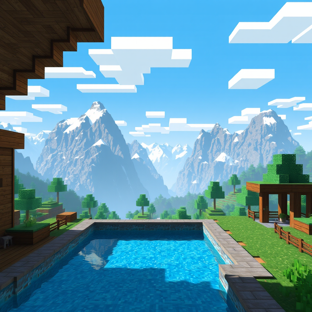 minecraft wallpaper, mountains, wood home, swim pool in backyard - Image