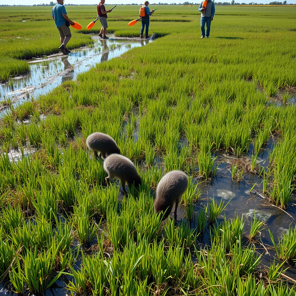 Grassy marsh landscape, water puddles everywhere, two nutria grazing on the grass, people approaching with floats to capture, documentary photography, photo realistic, hyper detailed. - Image