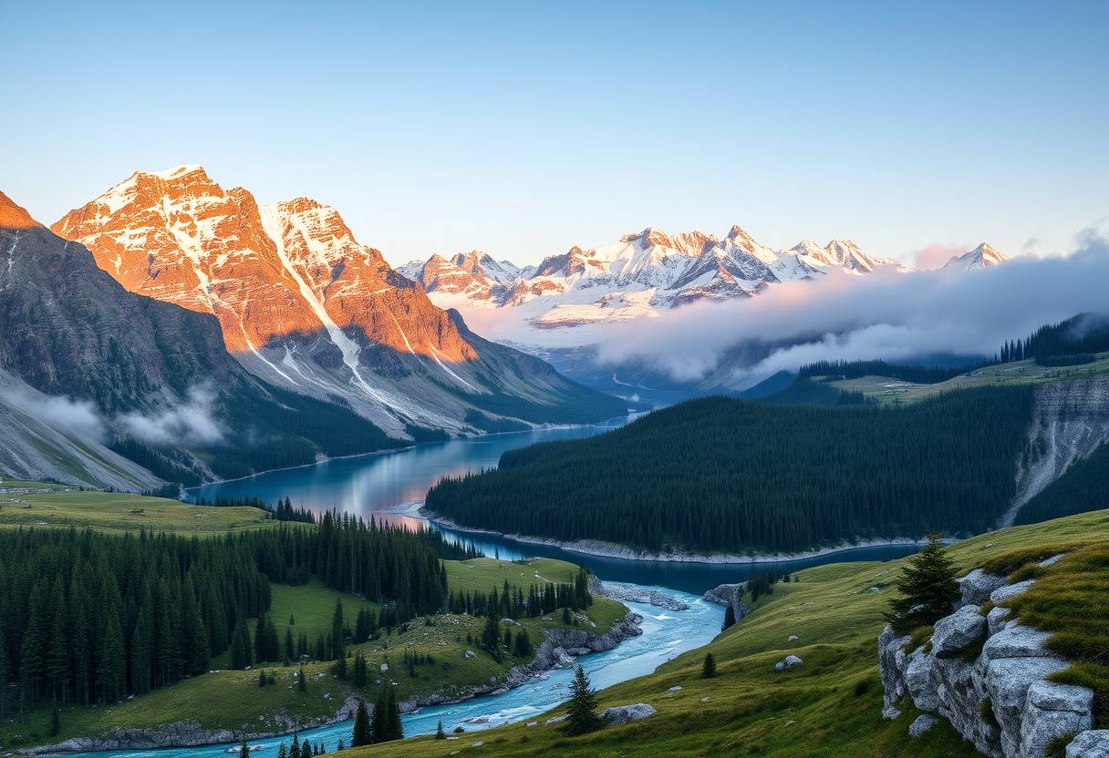 Majestic, snow-capped mountains, serene, high quality, photorealistic, alpine meadows, crystal-clear lakes, untouched wilderness, panoramic, breathtaking, nature's beauty, vibrant::2 flowing rivers, cascading waterfalls, misty, foggy, dramatic, sunrise, sunset