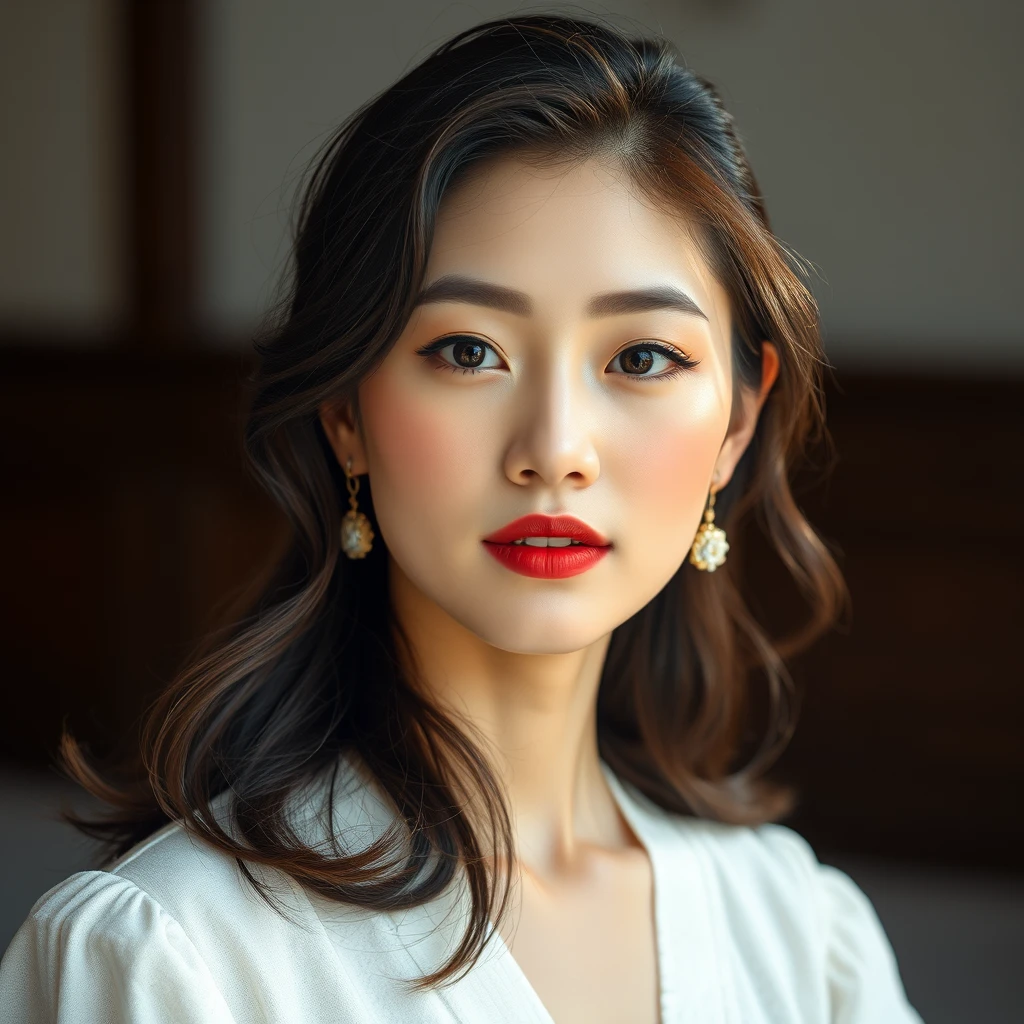 Graceful Korean model, exuding charm and poise, captured in a high-fashion photography setting that harmoniously combines artistic elements with a touch of allure. The image highlights a refined presentation of elegance, featuring high-definition textures and meticulous lighting, showcased in an elegant aspect ratio, full-body, snow white.