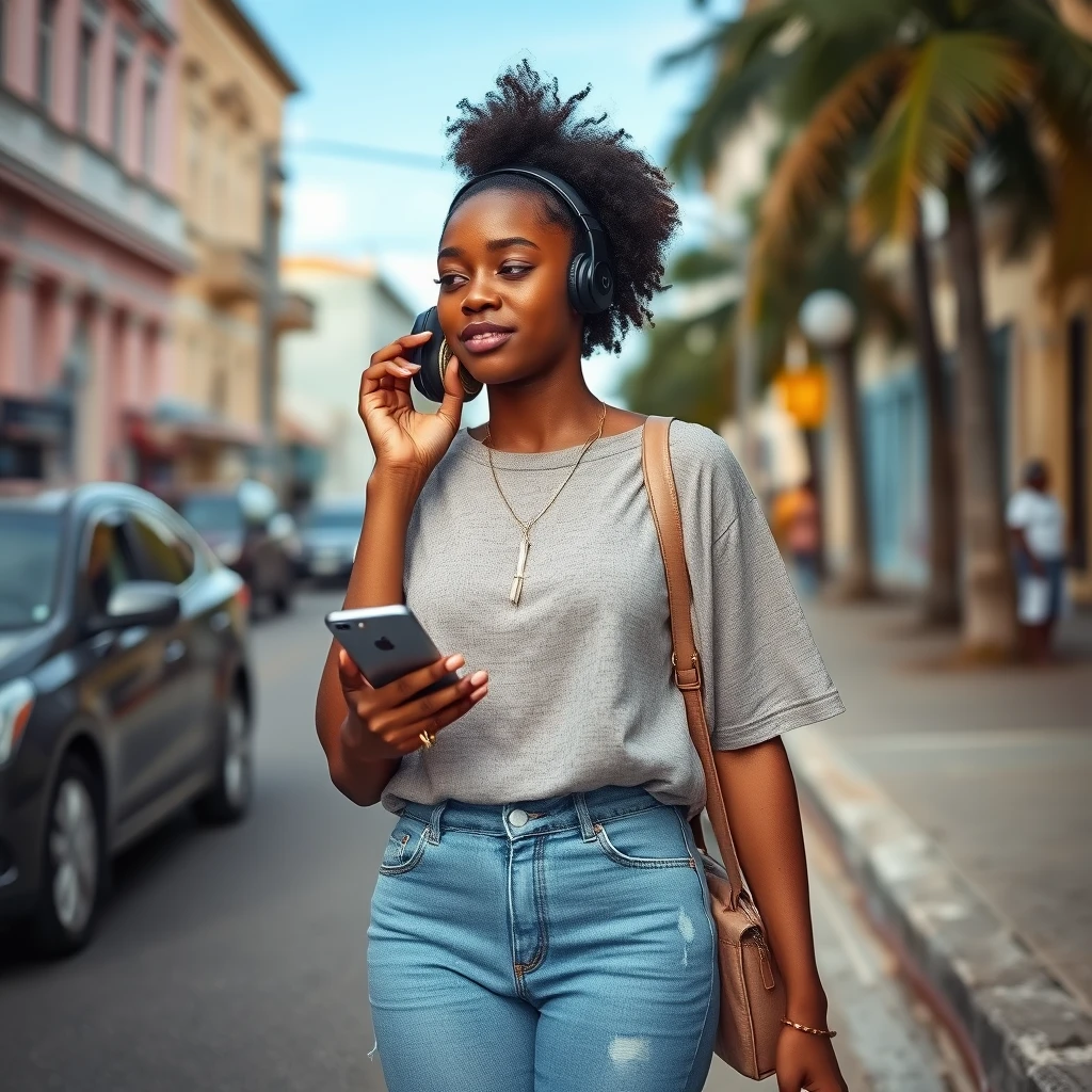 A young black woman walking on a Nassau street in the Bahamas listening to a podcast on her phone. - Image