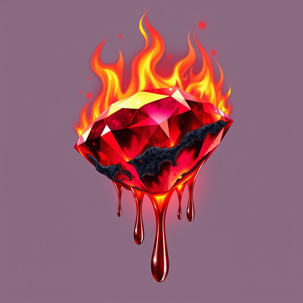 A tee shirt design of a beautiful ruby on fire with beautiful liquid red ruby dripping with flames. The ruby has black char all over it and subtle colorful embers burning in the ruby. Striking and otherworldly on a transparent background.