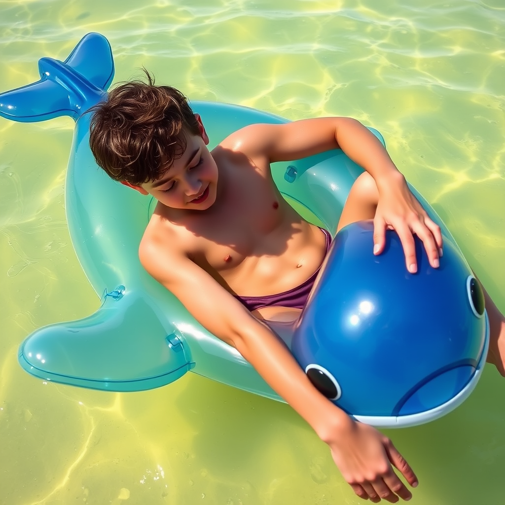 A teenager is lounging on a transparent blue inflatable dolphin float in the sea, touching the water, with yellow water nearby.