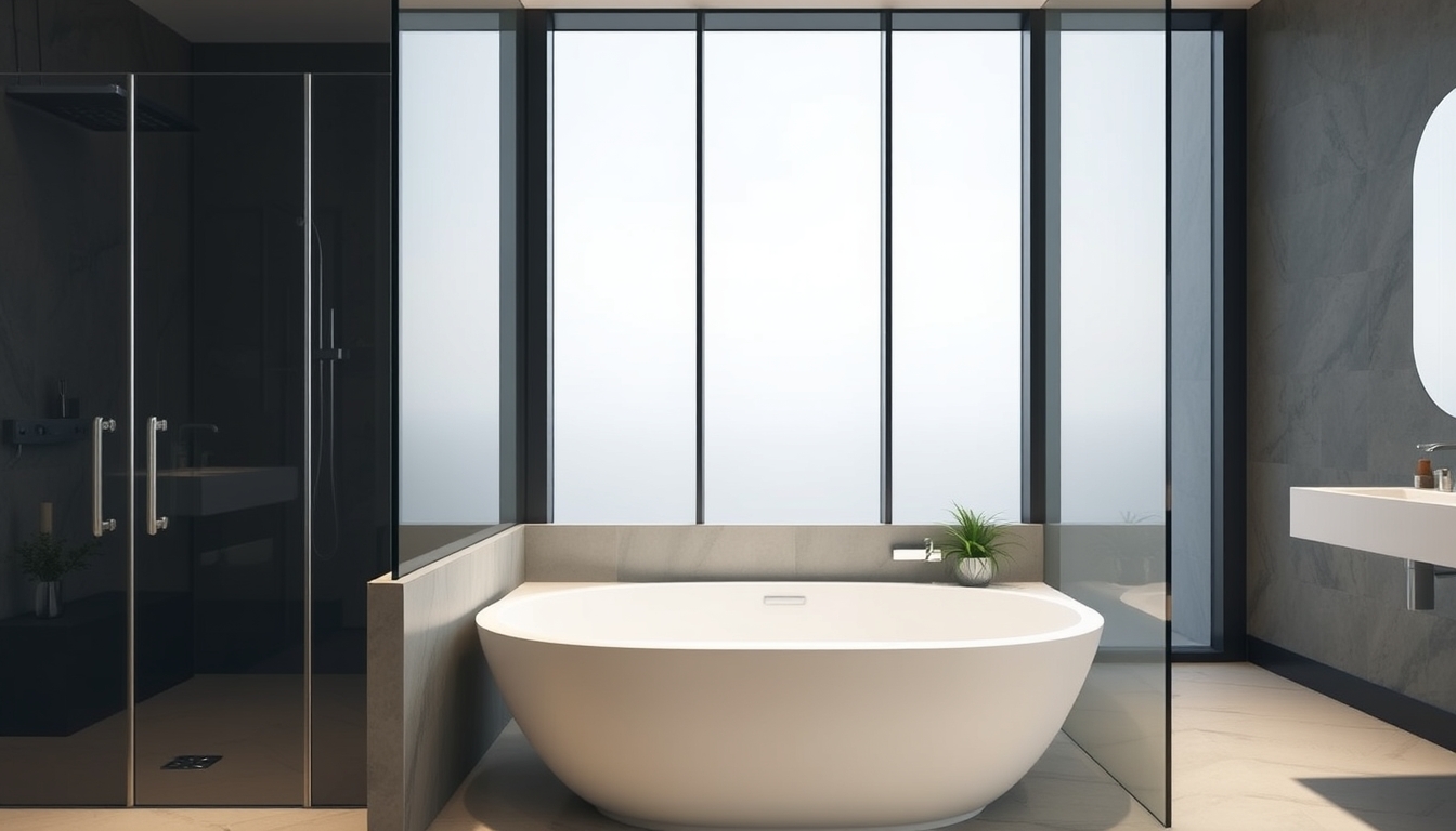 A sleek modern bathroom with glass walls and a luxurious soaking tub.