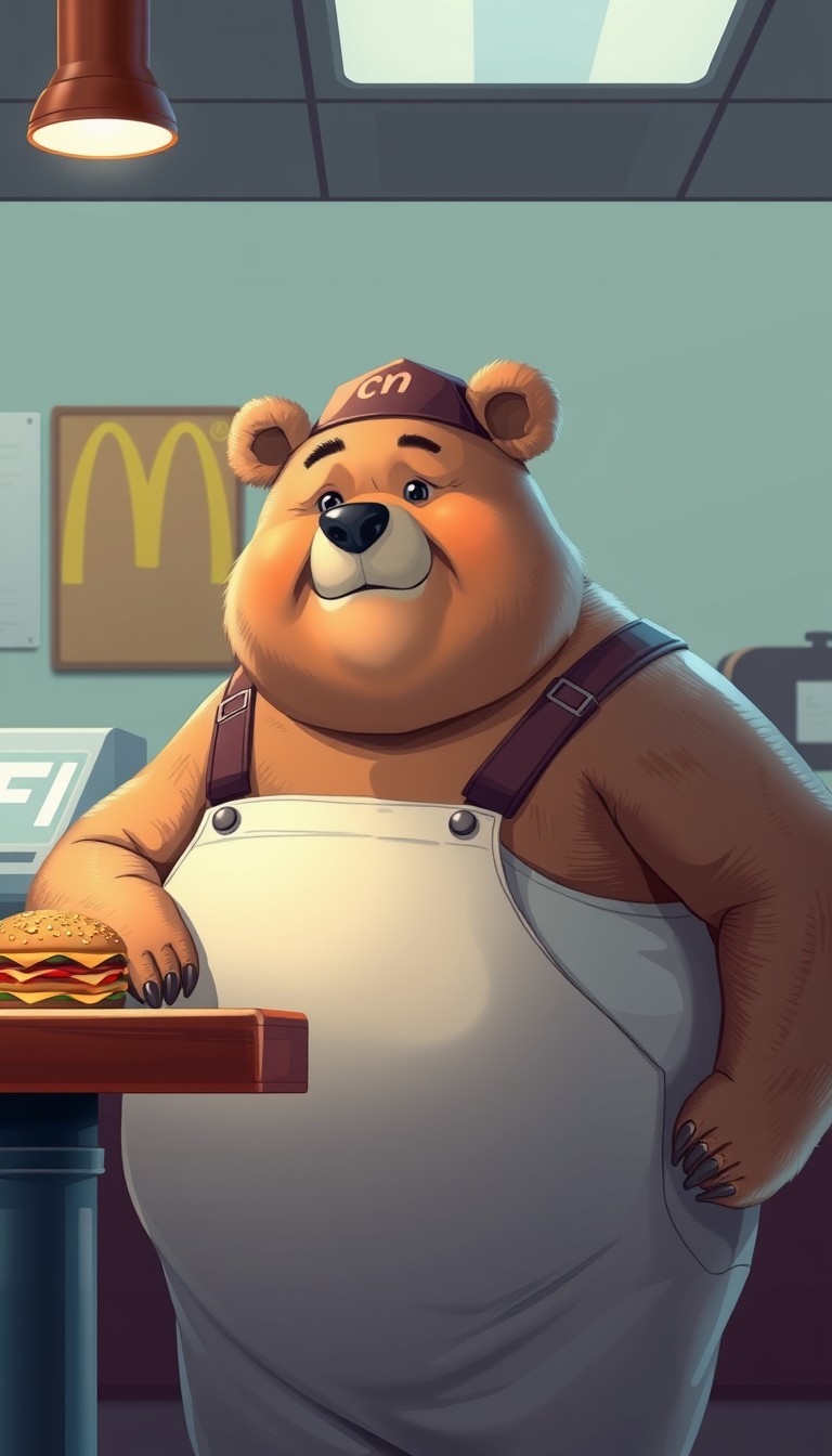 Fat Anthropomorphic Bear working at a fast food restaurant - Image