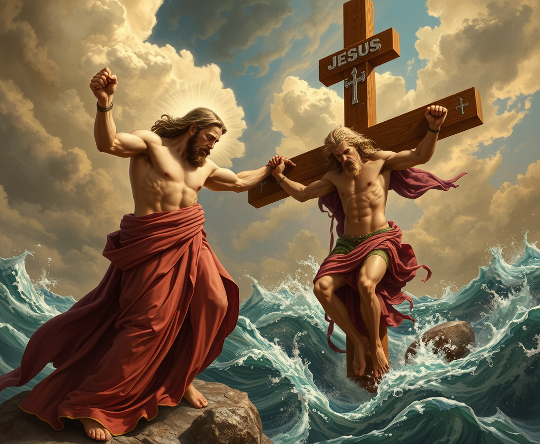 Jesus Christ punishes Zeus of Olympus and crucifies Poseidon.