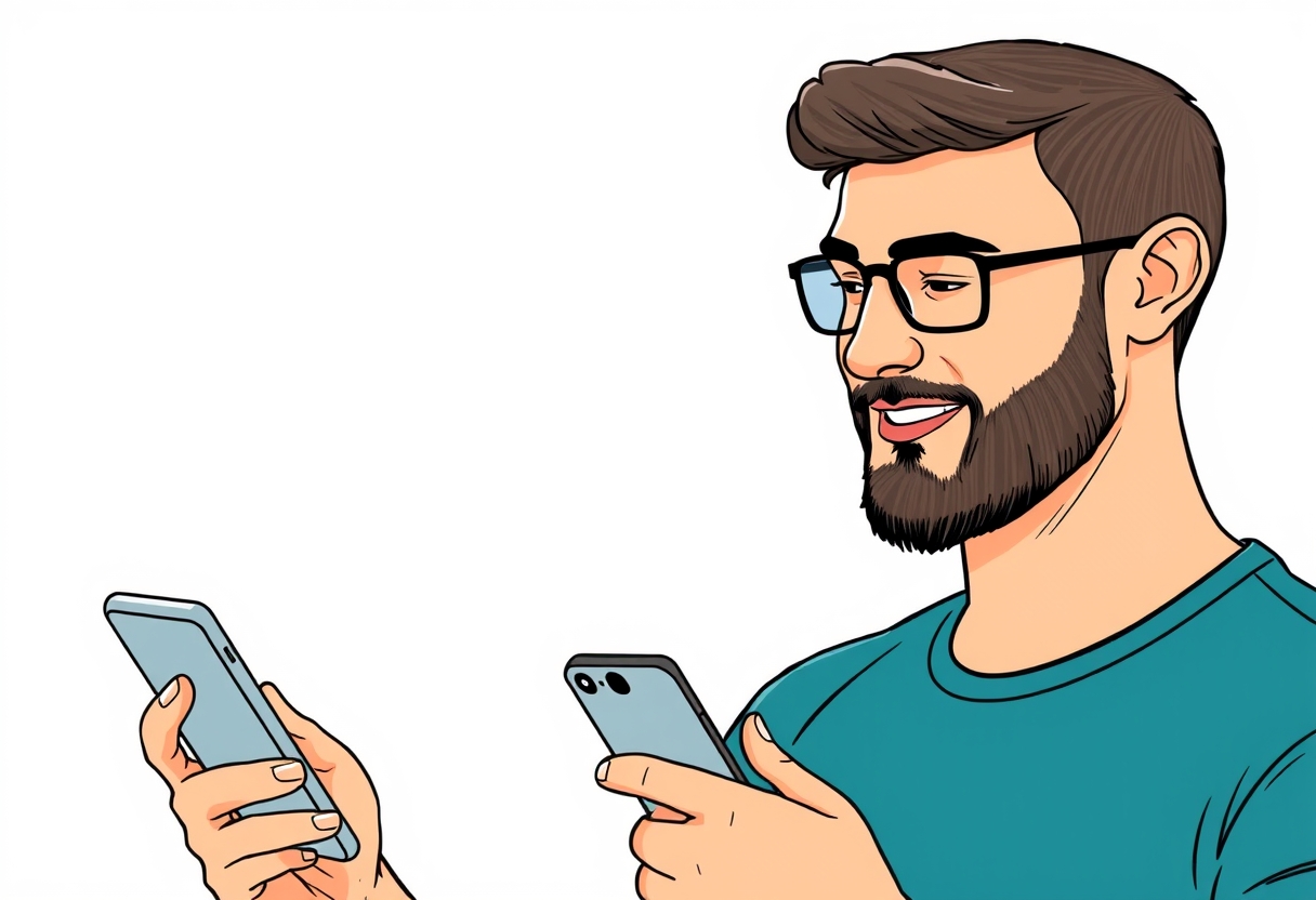 A man holding a smartphone, illustration.