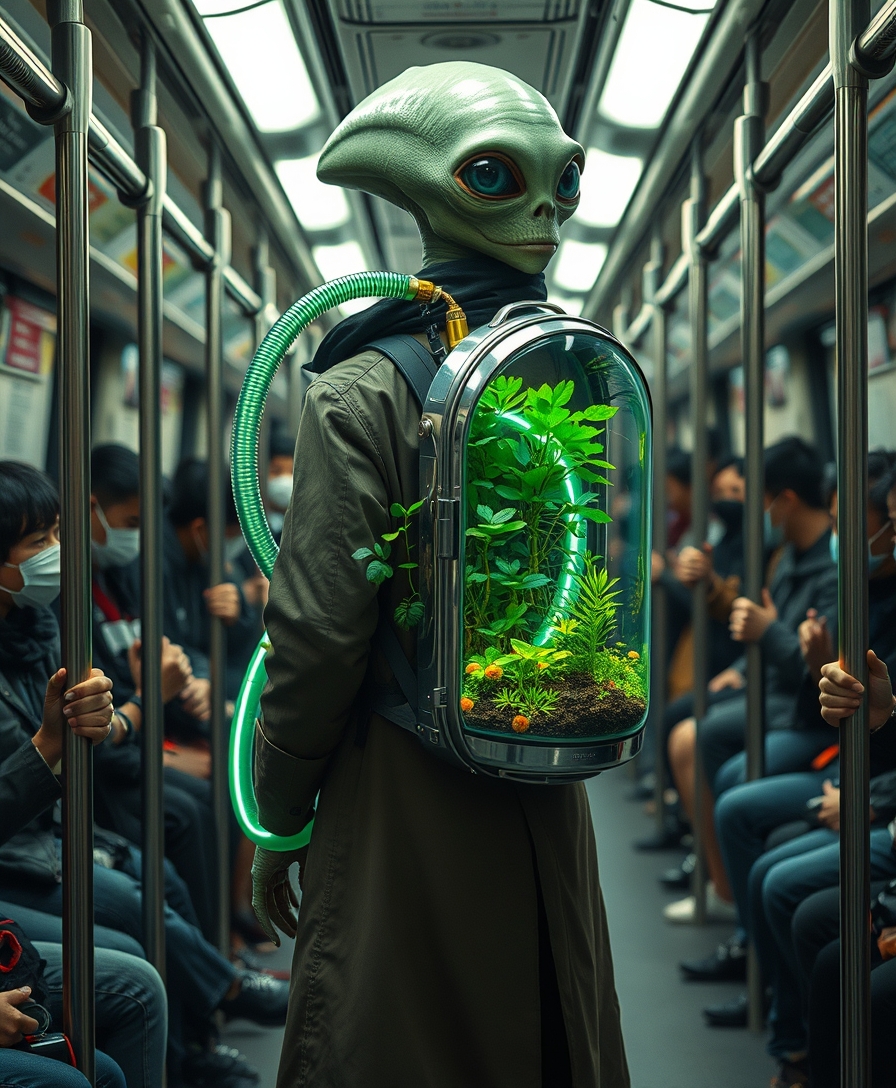 A humanoid alien wearing a long jacket stands in a crowded subway train, carrying a transparent, cylindrical backpack terrarium filled with vibrant neon greenery and small plants. The terrarium features metallic accents and a neon hose connected to it, giving it a futuristic appearance. The subway is filled with human passengers, many of whom are wearing masks and holding onto the handrails. The setting is busy and urban, highlighting a contrast between the natural elements in the terrarium and the modern, bustling environment. --ar 3:4 --style raw --s 750 --v 6.0