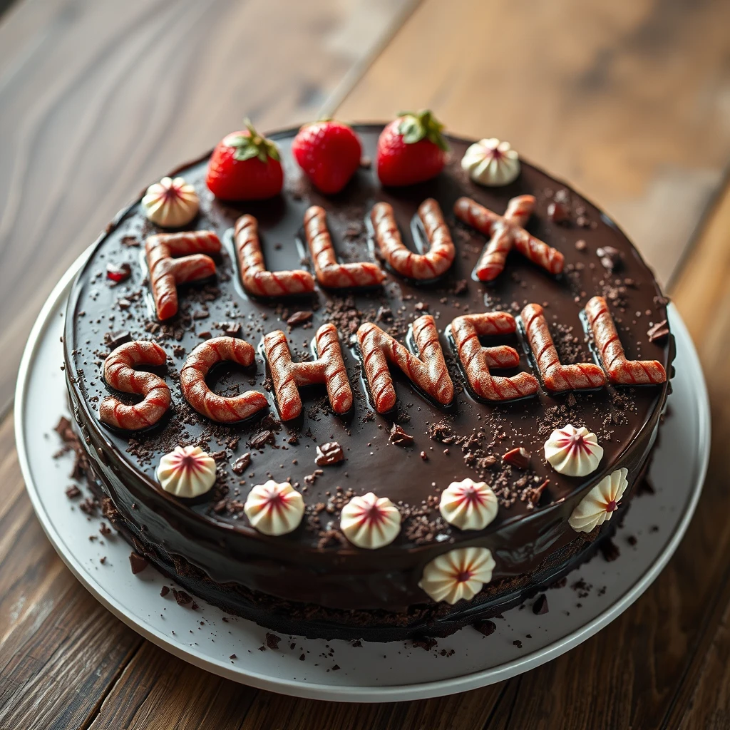 Black Forest gateau cake spelling out the words “FLUX SCHNELL”, tasty, food photography, dynamic shot - Image