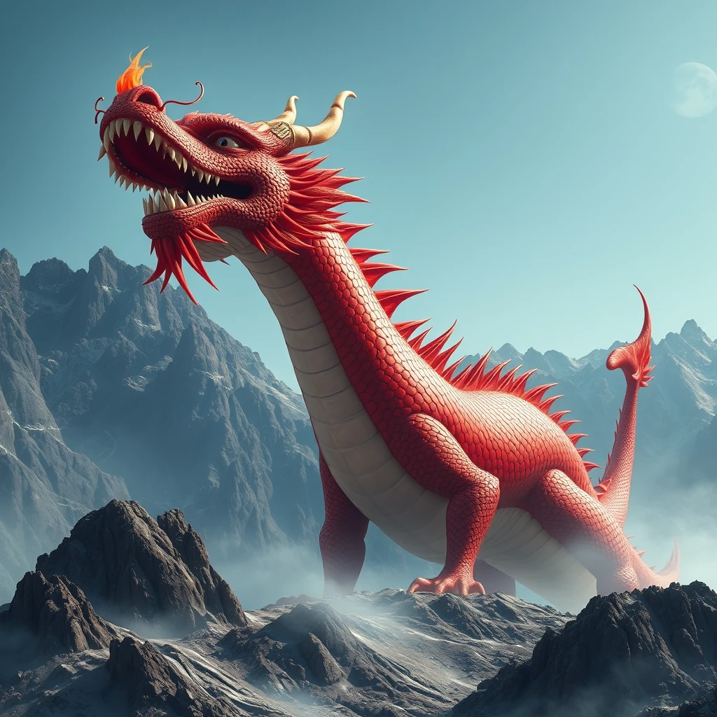 A giant crimson dragon, measuring a thousand miles in length, displays its massive body and boundless majesty, covered in red scales that shimmer in the sunlight, blazing and dazzling like flames. With a face resembling a human's, it stands out as particularly unique among many divine beasts. Its elongated, slanted eyes reveal an air of imperious dominance, and its mouth can open wide, exposing sharp teeth and a flame-like tongue, with horns and whiskers adorning its head. The image embodies the majesty, mystery, and power of the Zhu Long. Please create an image against the backdrop of a harsh, desolate mountain, where the entire figure of the Zhu Long can be seen. Add the text description: "Shan Hai Jing - Zhu Long."