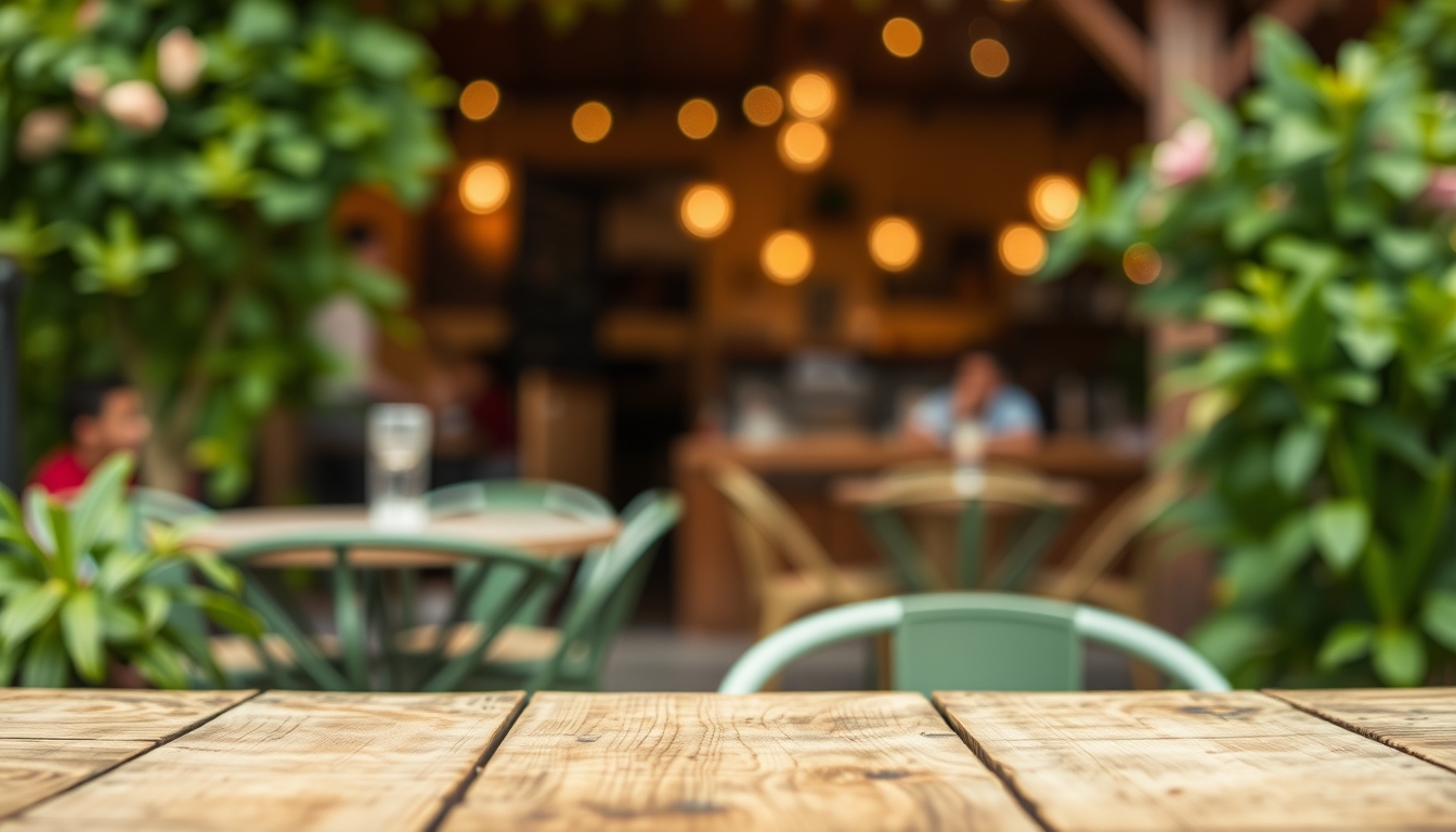 Blurry green summer cafe background atop wooden table