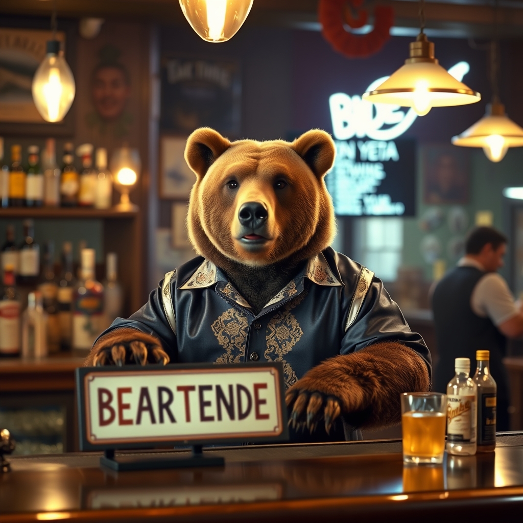 Movie still, a bear in a fancy shirt bartending, on a bar a sign "BEARTENDER" is standing.