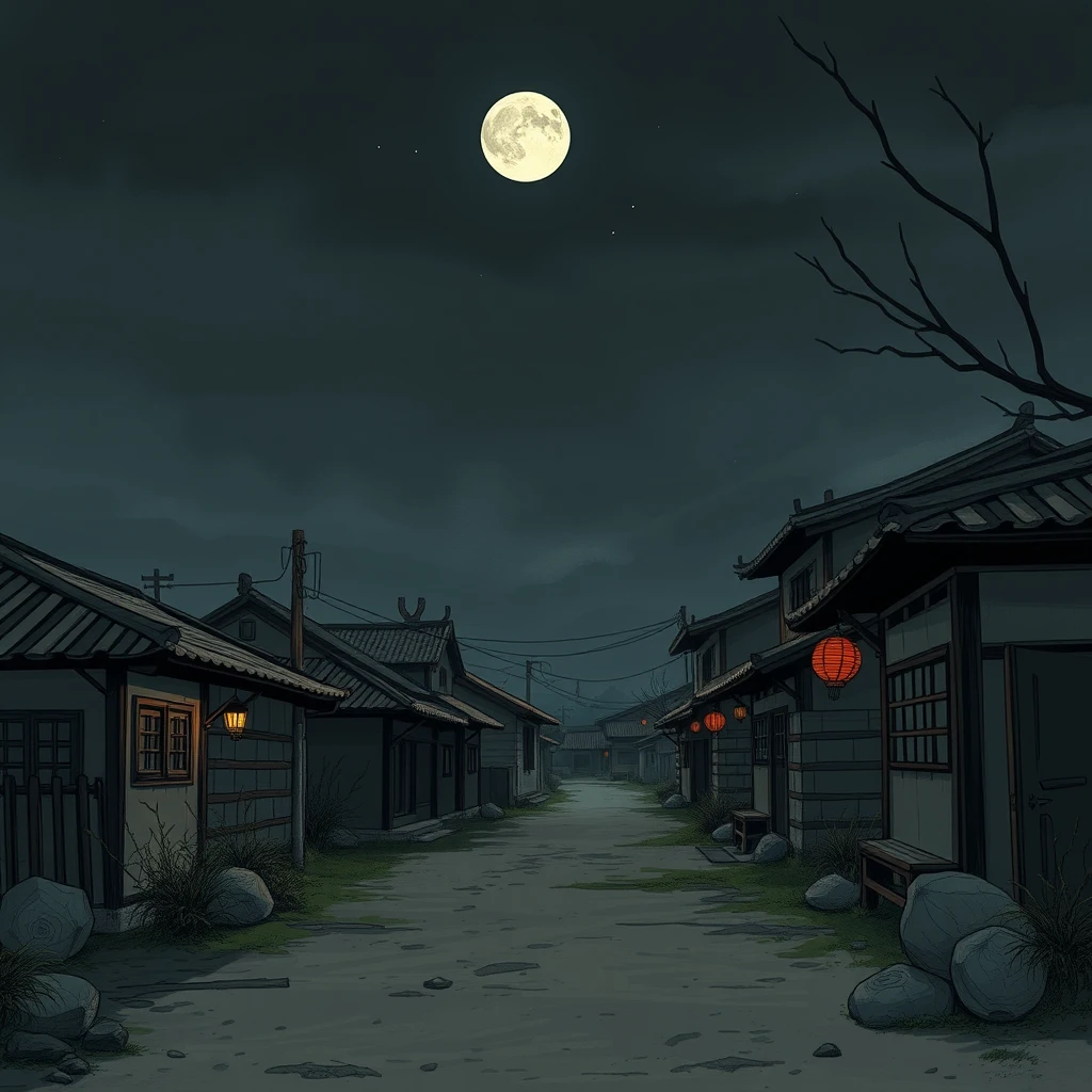 Night background, Chinese rural setting, front view, grim and dim atmosphere. 8K resolution, flat comic sketch style, graphic novel style, 2D effects, flat colors, drab painting style. - Image