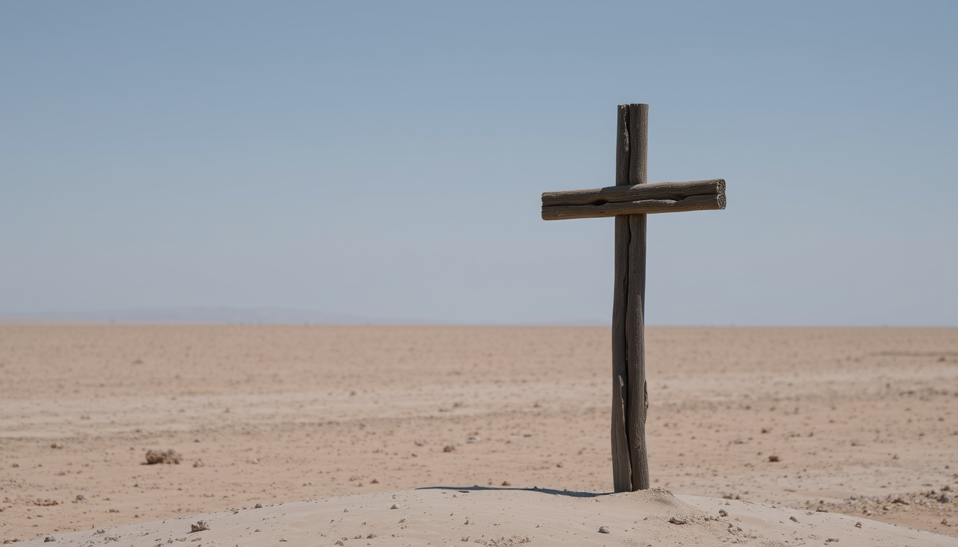 An old wooden cross in the middle of a barren desert. The cross is standing upright on the right side of the image. The cross is made of badly rot damaged dark wood and appears to be weathered and aged, with visible damage from wet and dry rot. The overall scene is desolate. - Image