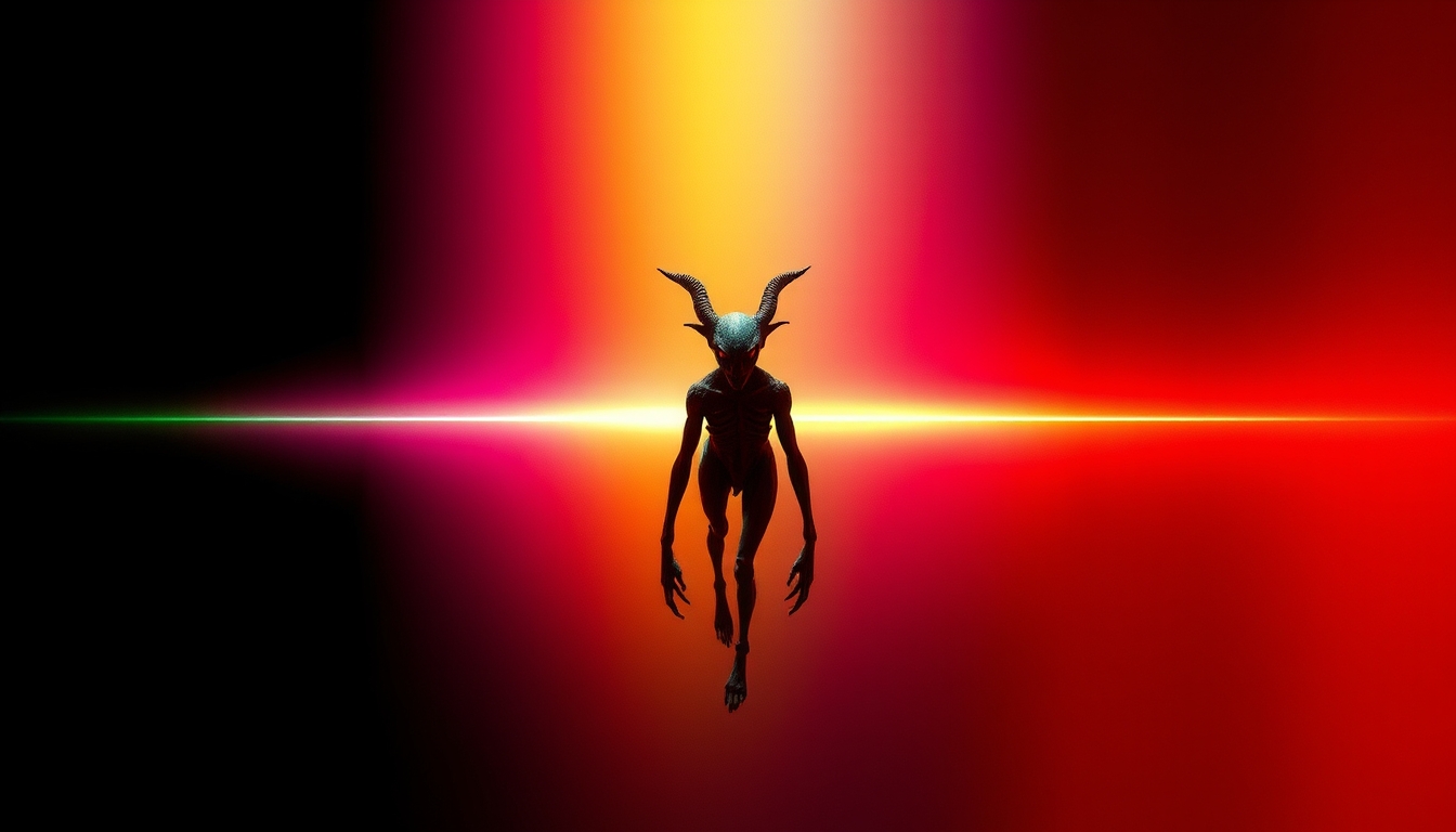 A mesmerizing color spectrum stretches across the image, transitioning seamlessly from pure black on the left through vibrant hues to deep red on the right, creating a dramatic backdrop. In the foreground, an otherworldly entity emerges from beyond the veil, its form both captivating and unsettling. The creature's ethereal presence contrasts sharply with the vivid color gradient behind it, drawing the viewer's gaze. Utilize the rule of thirds to position the entity slightly off-center, enhancing visual interest. Incorporate leading lines within the color shift to guide the eye towards the focal point. Employ dramatic lighting to accentuate the entity's otherworldly features, casting eerie shadows that blend with the darker sections of the spectrum. Create depth and dimension through subtle atmospheric perspective, with the entity appearing more defined than the background. Use complementary colors to make the creature stand out against the spectrum. Implement a slight vignette effect to frame the composition and direct attention to the center. Maintain a balanced composition by distributing visual weight evenly across the image. Render the scene in high resolution with photorealistic details, emphasizing textures and intricate features of the entity. Ensure sharp focus on the entity while allowing the background to have a slight blur, creating a sense of depth. Hyperrealistic, cinematic quality, 8K resolution, highly detailed, intricate, award-winning photography.