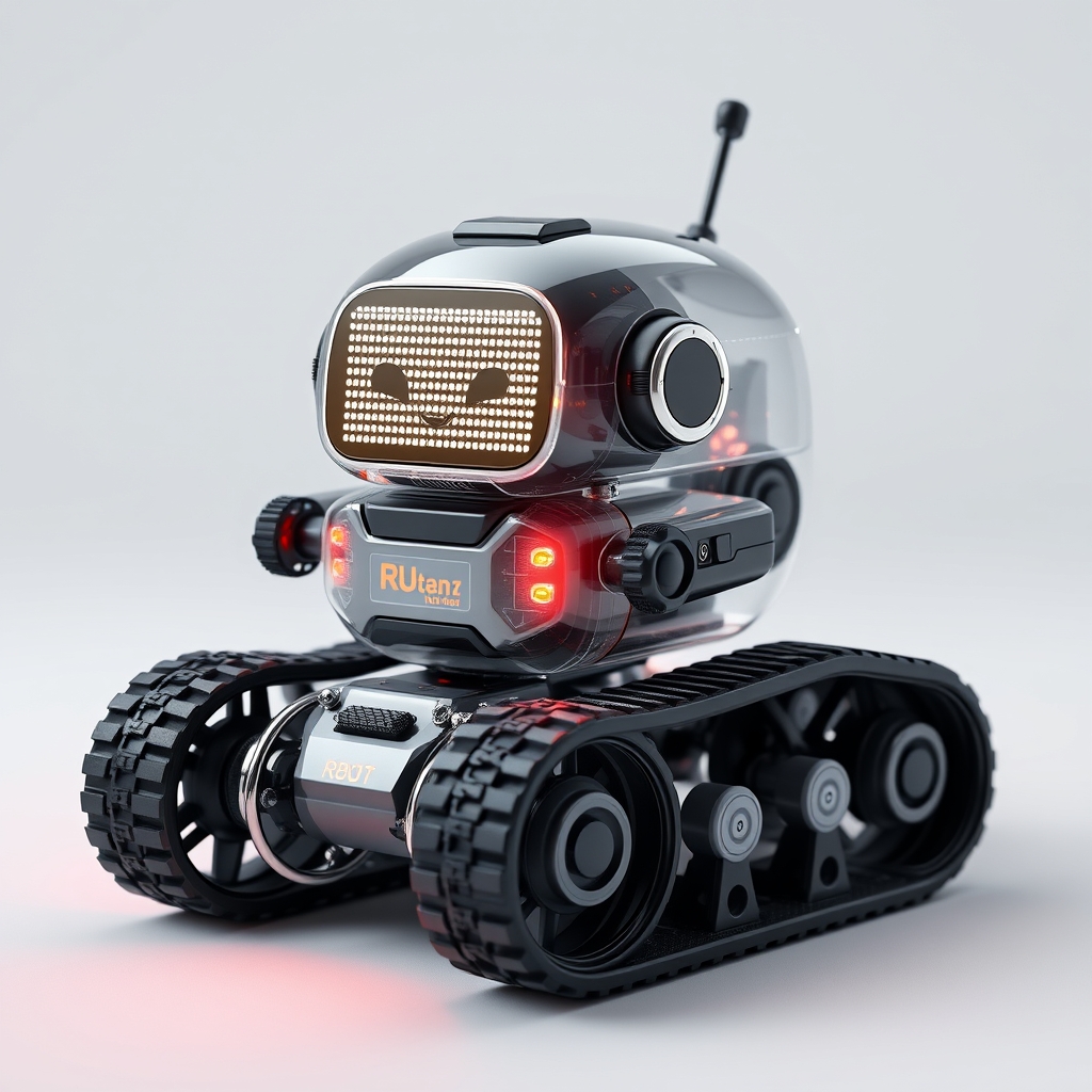 Cute aesthetic, a (small and cute semi-transparent triangular tracked robot) with an LED screen face, emoticon, stunning unreal engine render, intricate details, simple background, right perspective.