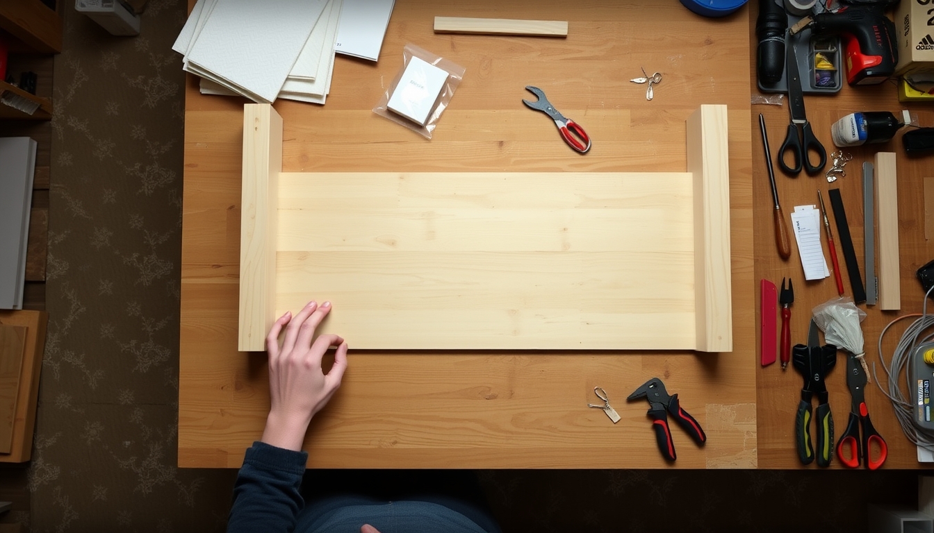 A step-by-step shot of a person assembling a piece of furniture, with tools and materials neatly arranged around the workspace. - Image