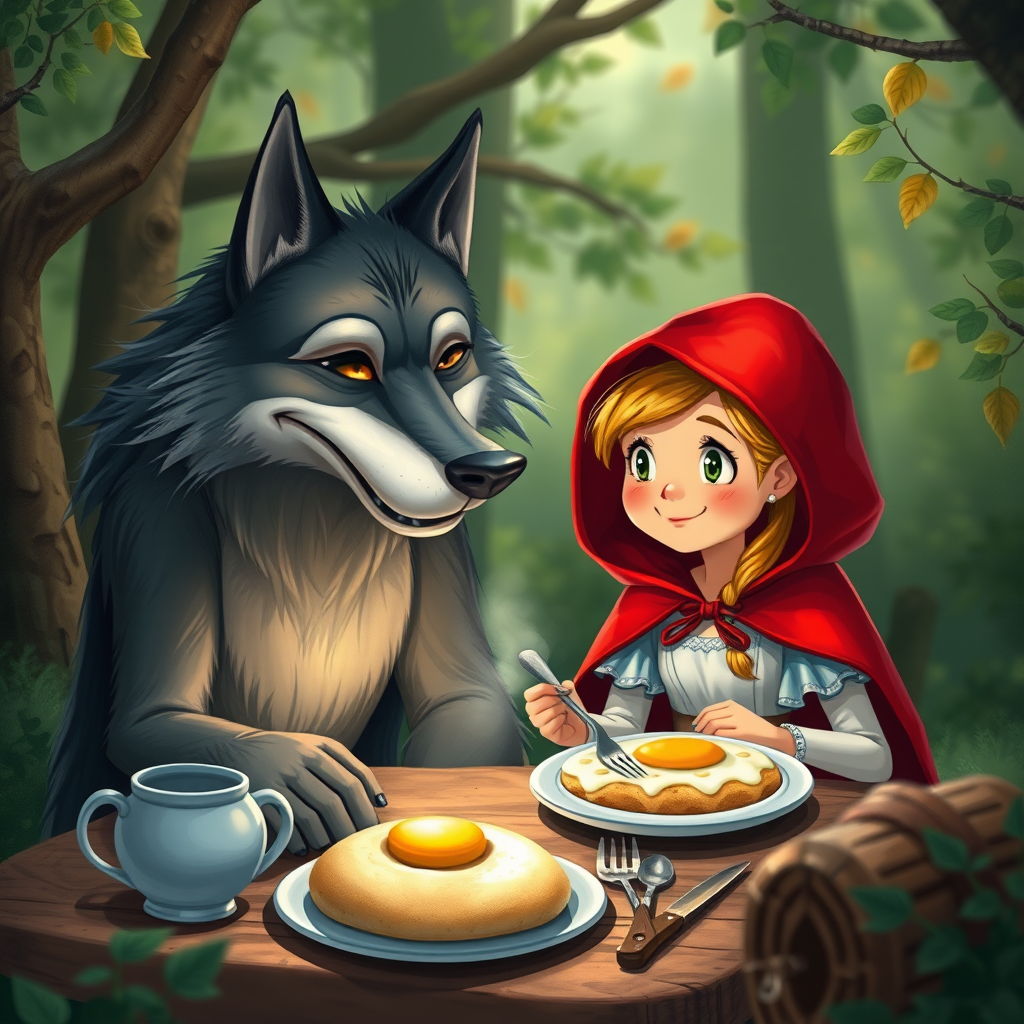 "Little Red Riding Hood and the Wolf have breakfast. The wolf looks friendly in a photorealistic style." - Image