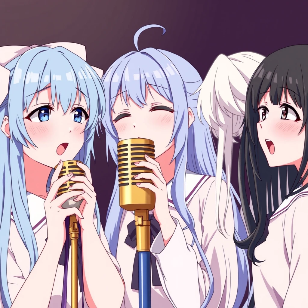 Three girls, one with blue hair, one with white hair, and one with black hair, all singing into the same golden microphone, anime style.