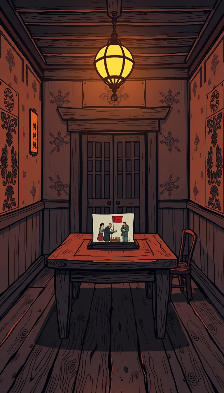 At dusk, in a quaint old room, a dim light casts a warm and mysterious glow on the walls, adorned with intricate Chinese patterns. The wooden floor shows subtle textures. In the center of the room is a rustic wooden table with a decorated voting scene. The image is in 8K resolution, flat comic sketch style, with a graphic novel aesthetic, 2D effects, and muted tones.