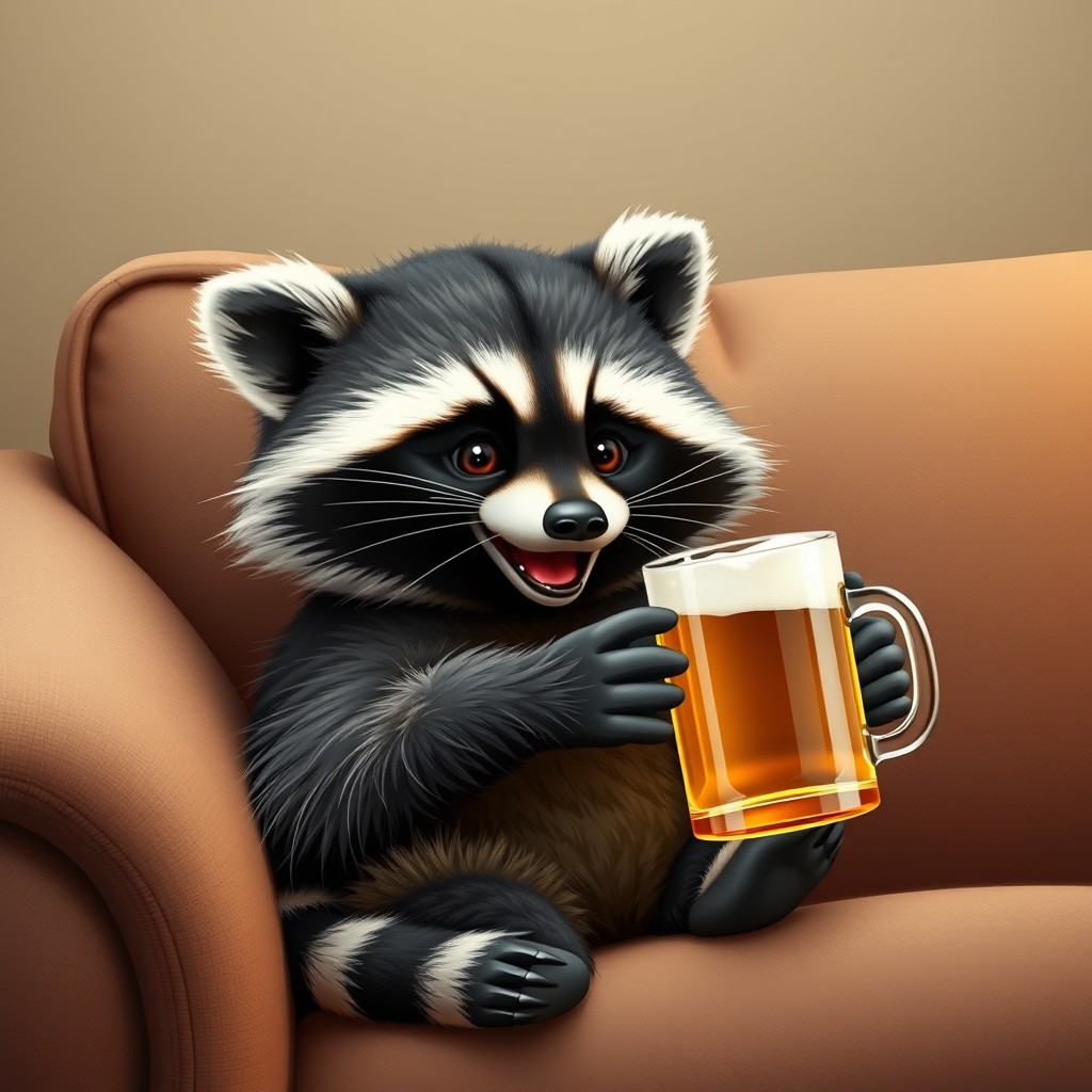 Cute raccoon sits on the couch and holds a mug of beer in his hand, raccoon drunk, smiling, realistic style, realistic photo.