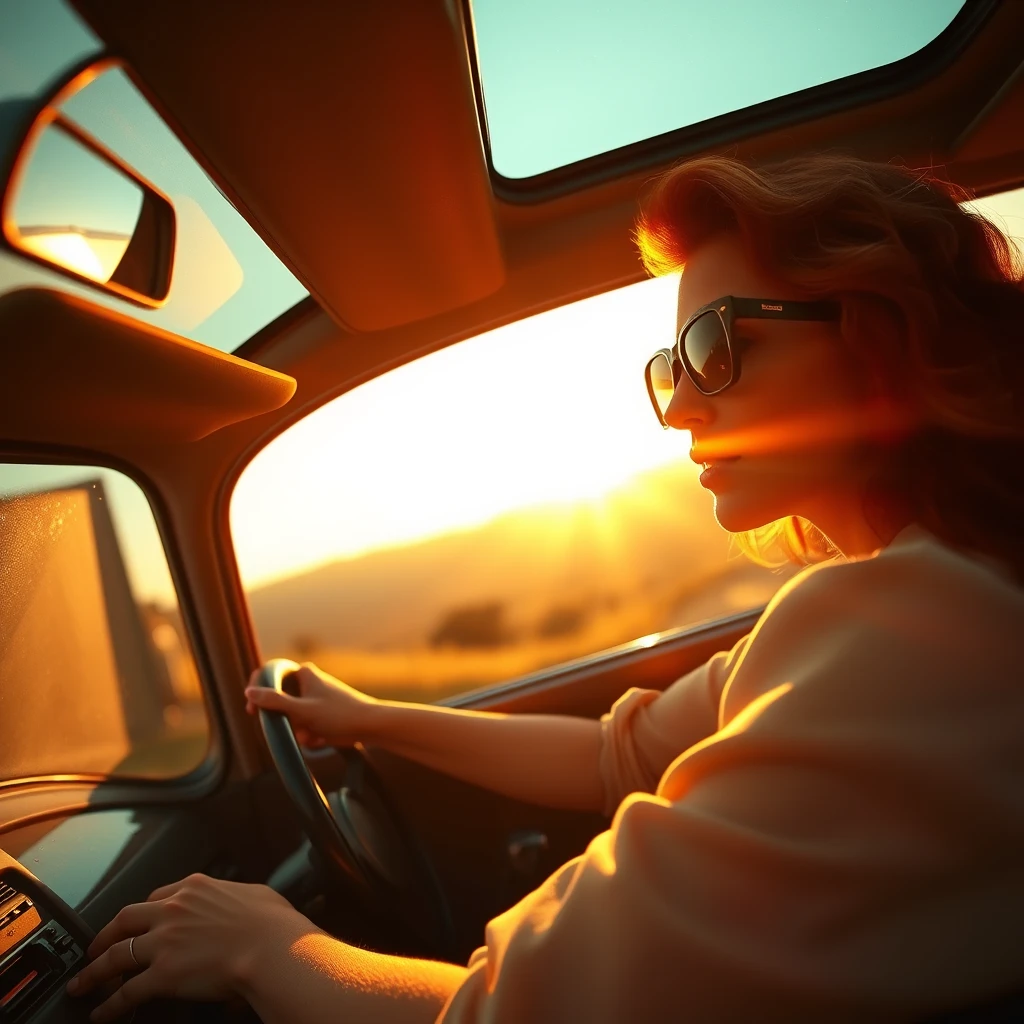 vintage 1950s Italian countryside, beautiful redhead woman with sunglasses driving wide angle sunset cinematic lighting black plastic sunglasses anamorphic flares with young Elvis