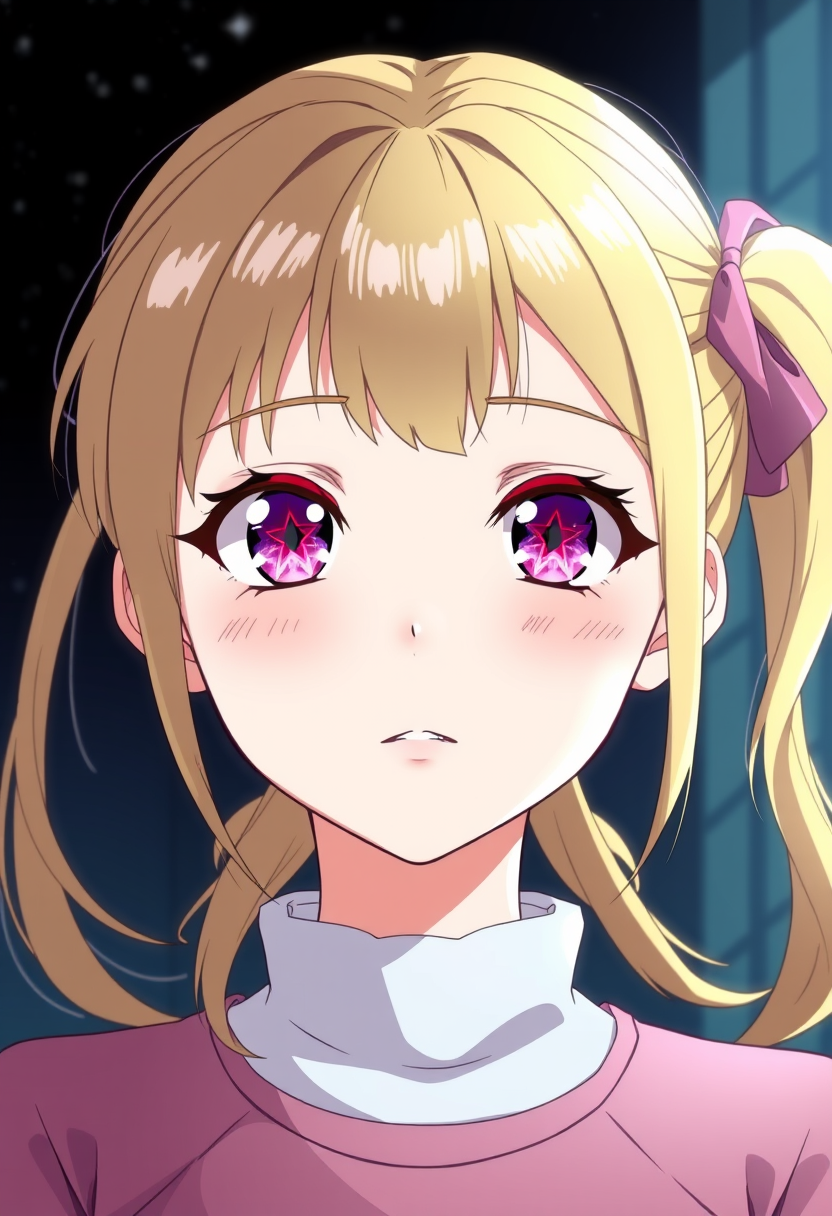 A beautiful young girl of average height with blonde hair that she ties in a side ponytail (much like how her late mother Ai Hoshino does) and possesses pink-ruby colored eyes with a six-star in her left eye like her late mother. Anime style. She has a star in her right eye.