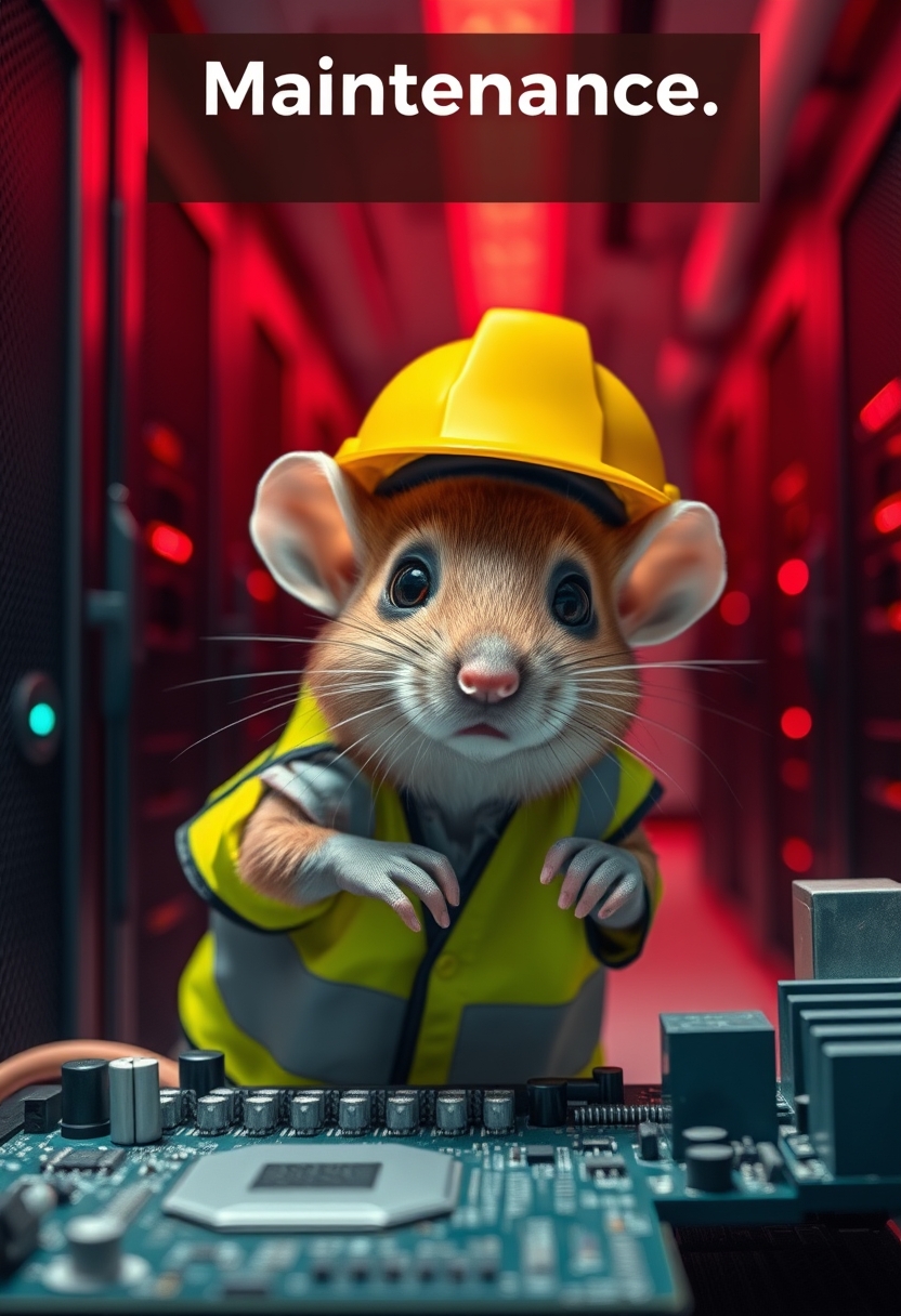 A small mouse with a hard hat and high visibility vest is repairing a circuit board. The mouse has a serious look in his eyes. The background shows a server room with only red emergency lighting, featuring red ambient lighting. (Text sign at the top of the image saying "Maintenance.") - Image