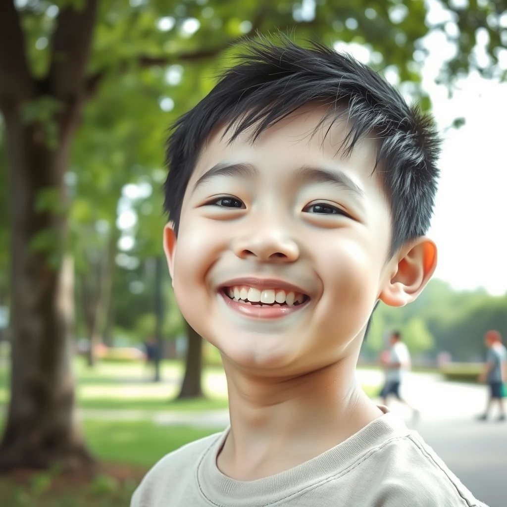 Smiling Asian boy in park, chromatic aberration.