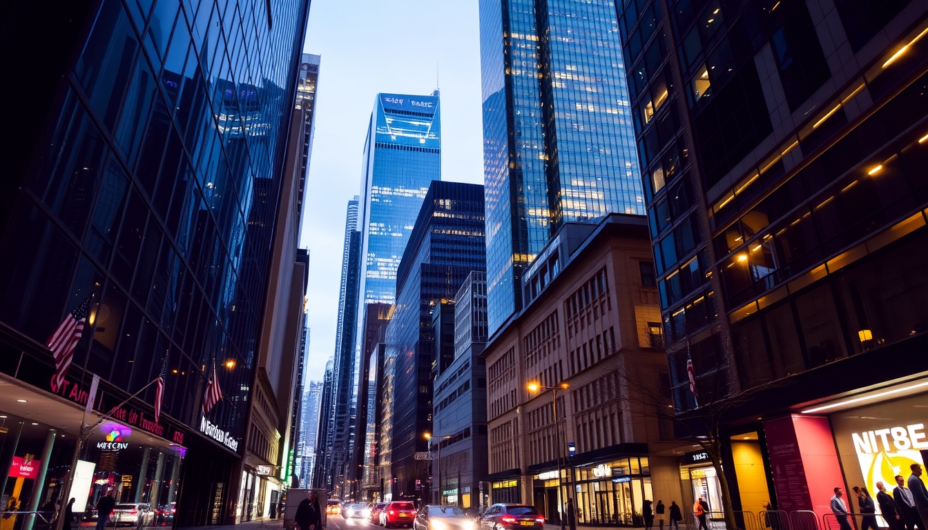 A vibrant city street at night, with reflections in the glass windows of skyscrapers.