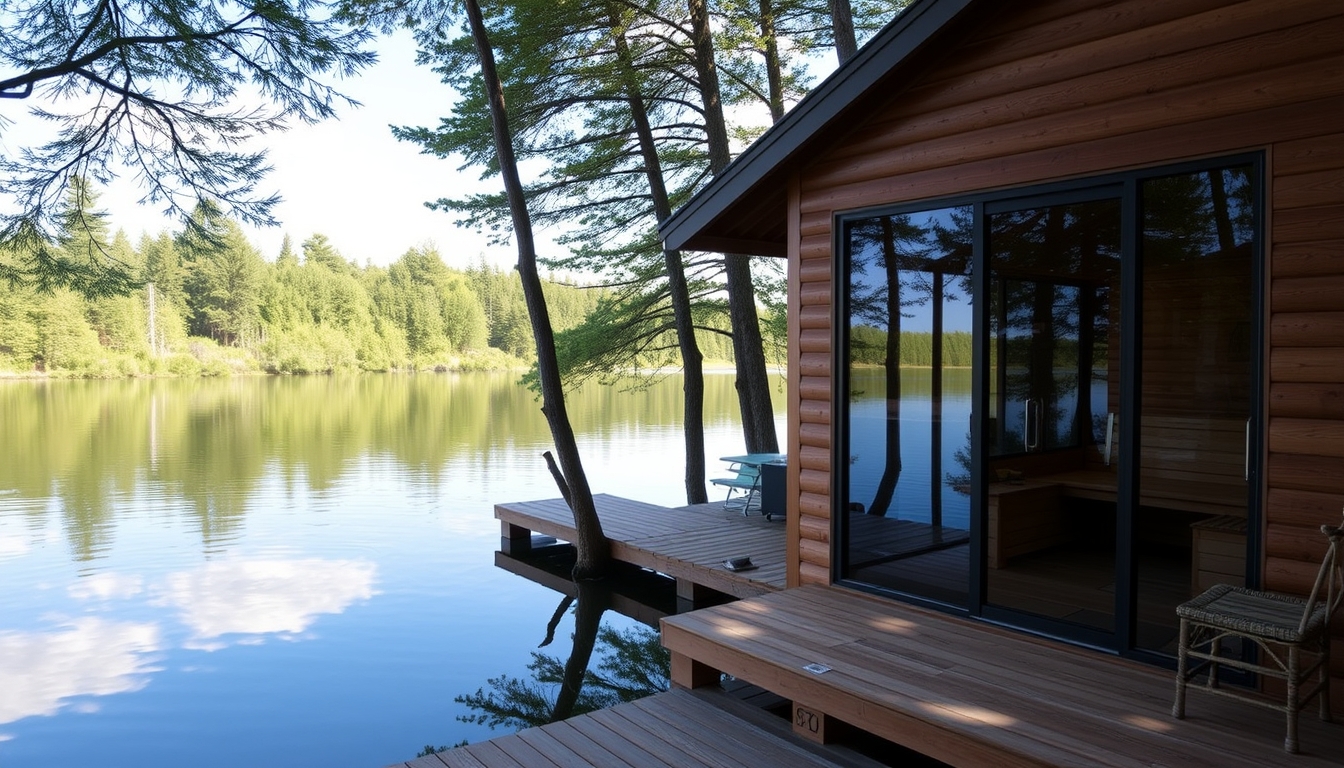 A peaceful lakeside retreat with a glass-fronted sauna overlooking the water. - Image