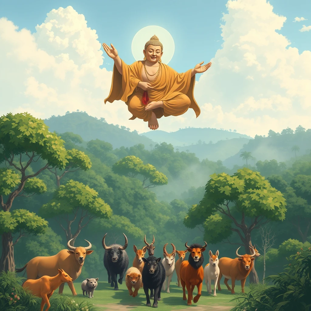 An image of Buddha in anime version, flying above an Indian forest, above a troop of various animals. - Image