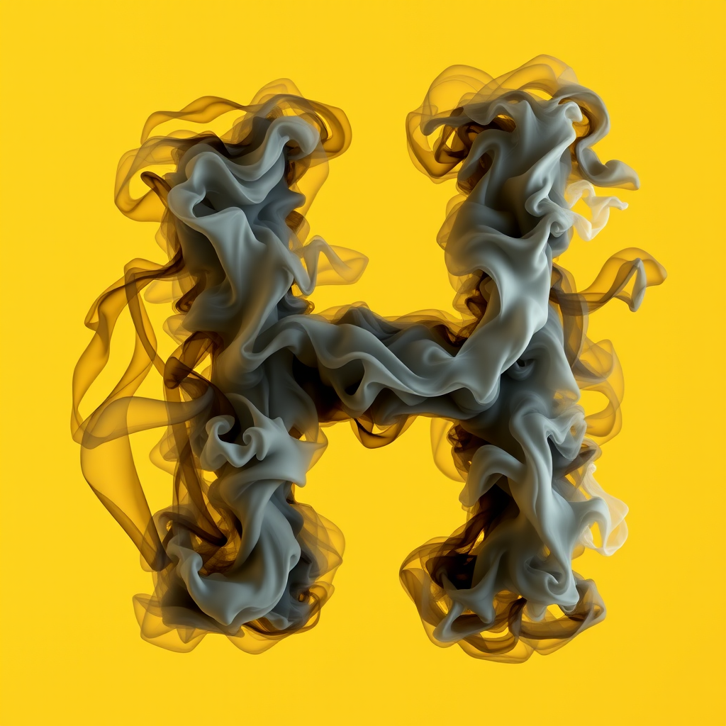 A letter "H" made of smoke, yellow background, realistic photograph.