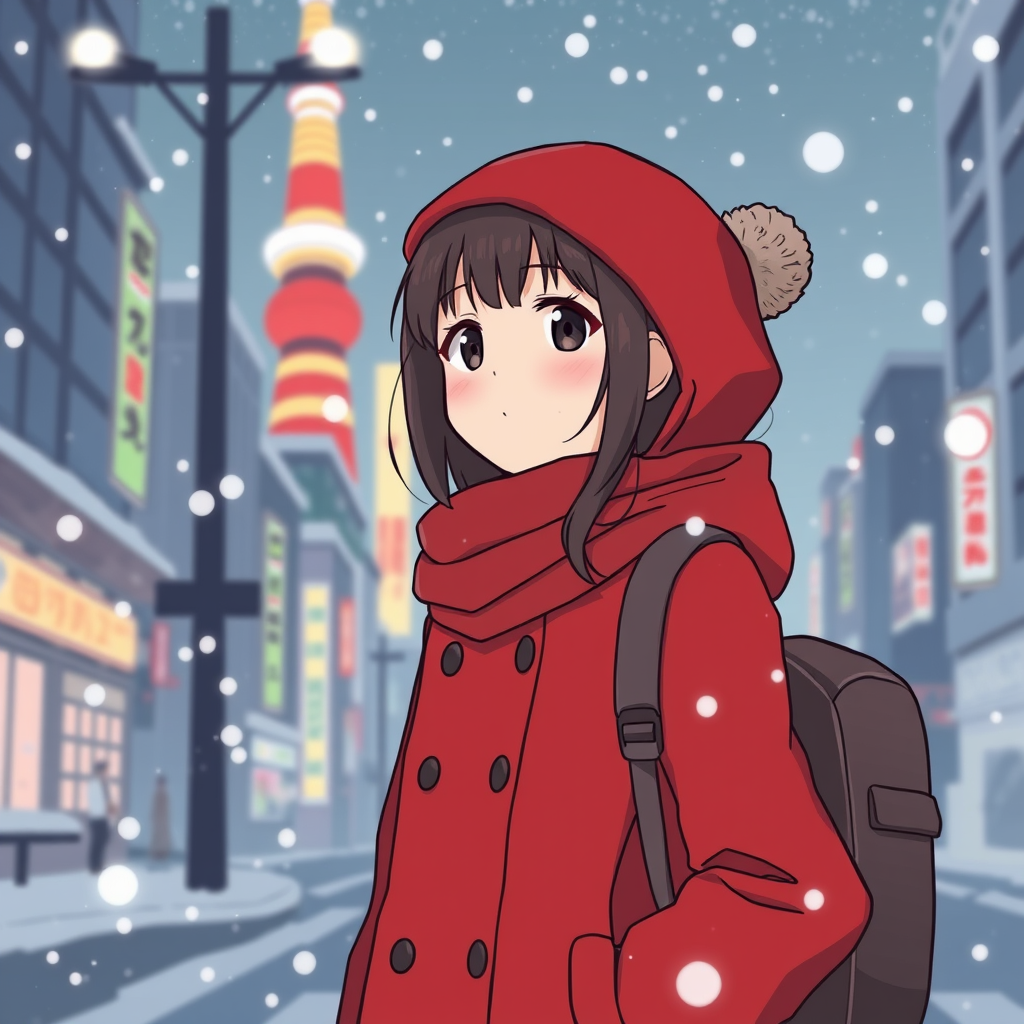 Ghibli, simple illustration of a cute woman in a cozy red coat in Tokyo during the snow, sci-fi, anime style. - Image