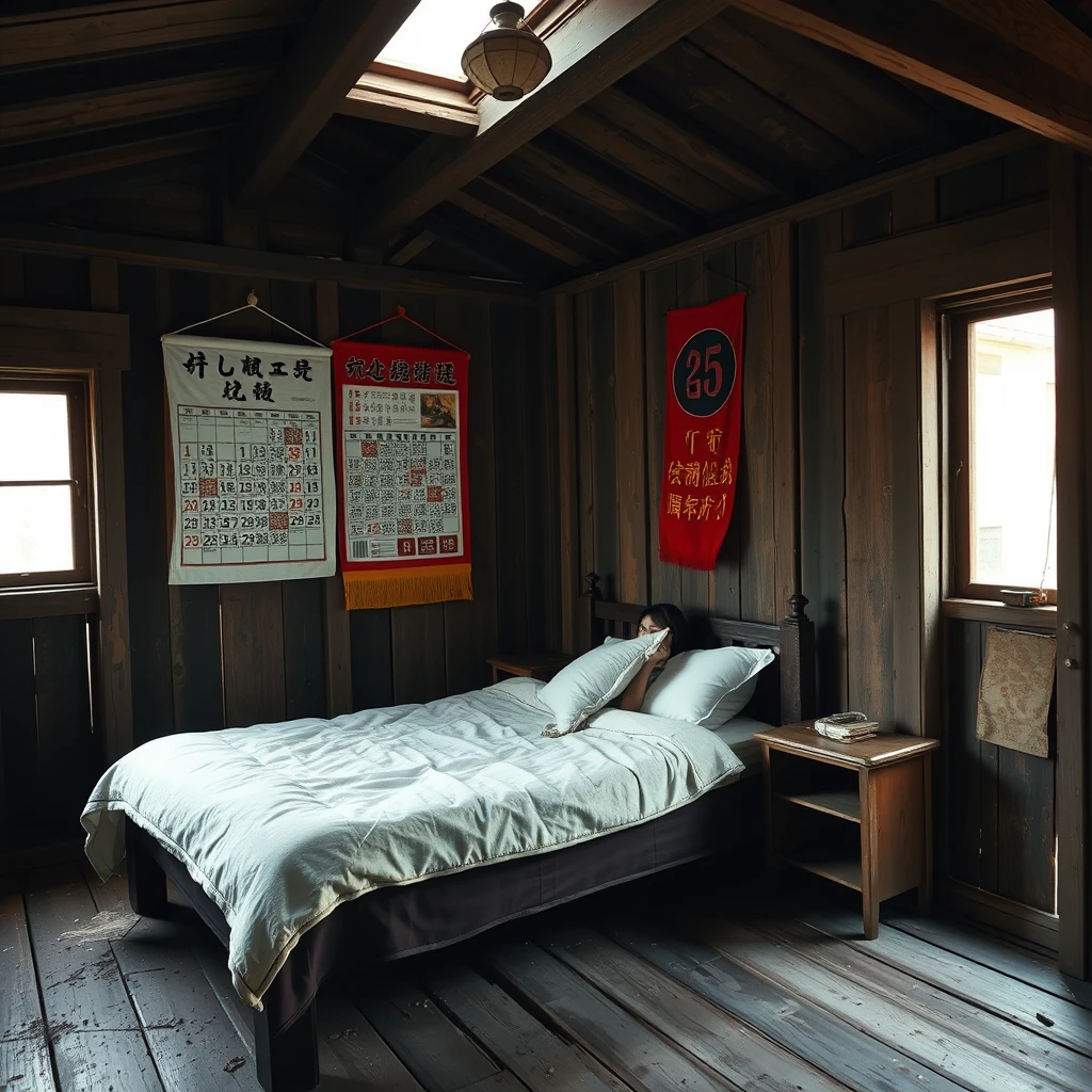 In a dilapidated wooden cabin, there is a bed, and one wall of the room has a Chinese-style calendar hanging on it, while there is a Japanese girl in the room. Note that the cabin is very large and has a window.