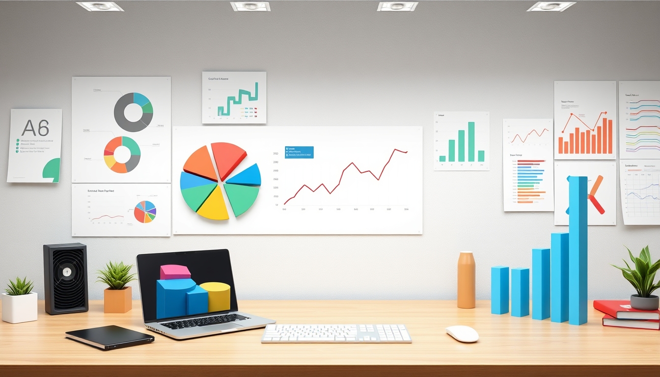 Organized Workspace with 3D Pie Charts and Graphs, Ideal for Business Presentations, Copy Space Available