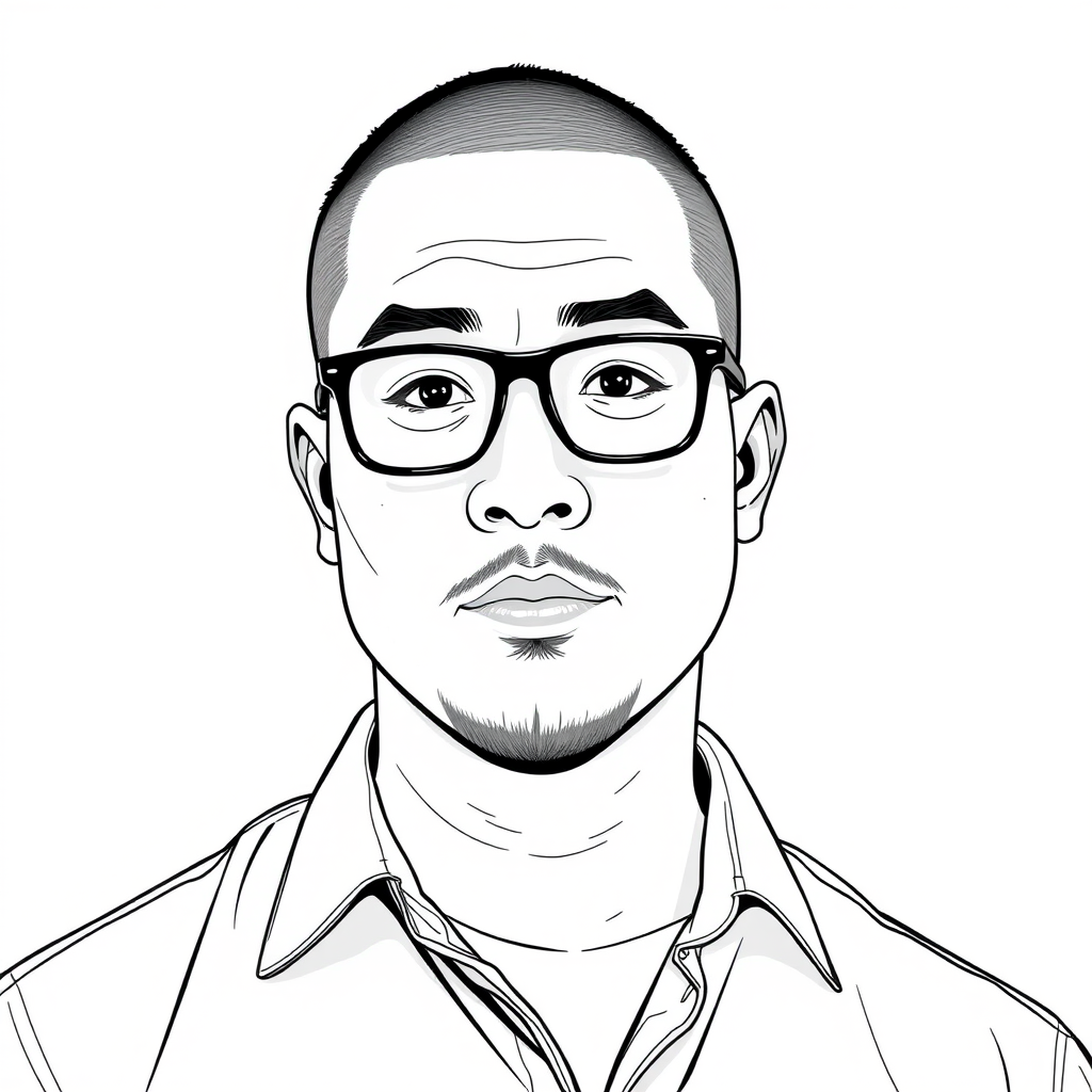 A cool black and white line drawing of a man around 35 years old, with a crew cut, Asian descent, wearing black framed glasses for nearsightedness, a slightly short beard on his chin, a shirt, a full face, clean and fresh skin, and a slightly chubby physique. - Image