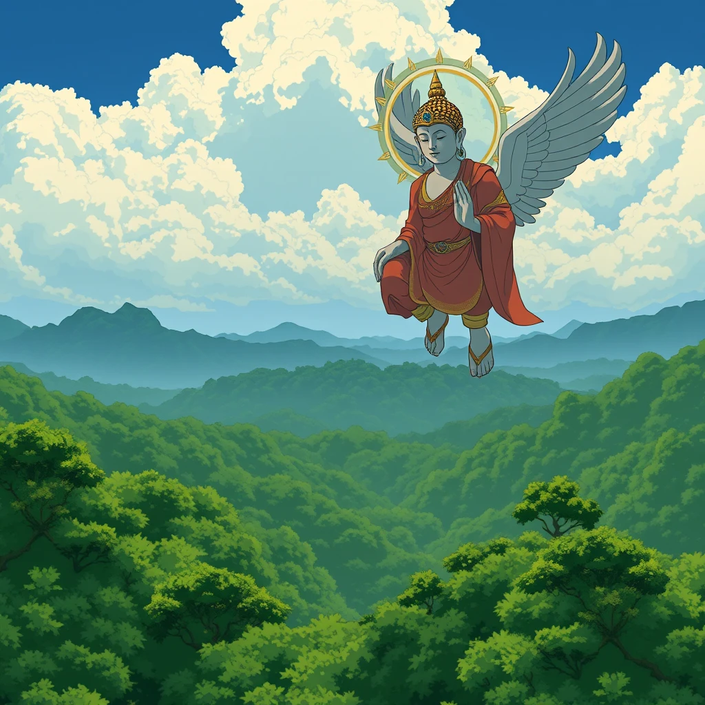 An image of Buddha Samantabhadra, in the Mononoke-Hime Studio Ghibli version, flying above an Indian forest. - Image