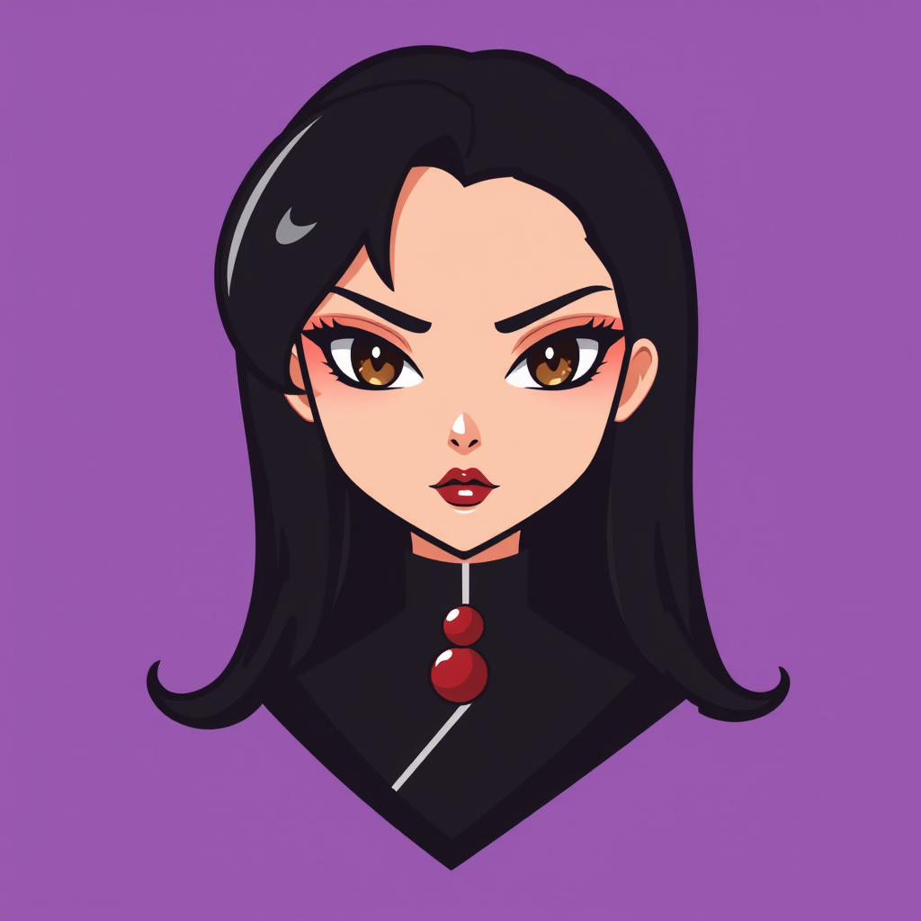 A basic simple vector logo of a beautiful female character with hazel brown eyes, long, dark black hair, wearing a black and white outfit with a red pendant necklace, and serious face with red lipstick, on a purple background. - Image